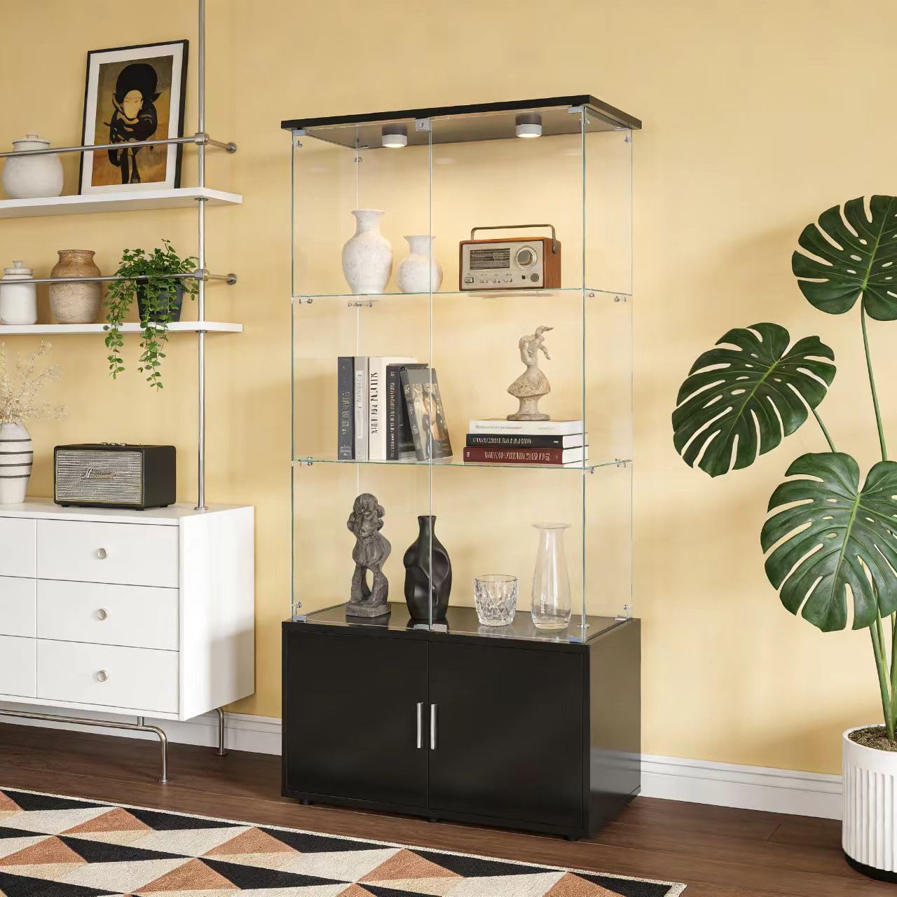 4-Tier Display Cabinet,Display Case with Glass Doors,Wine Cabinet with Lights, Storage Cabinets with 3 Shelves & 2 Drawers for Living Room,Dining (White)