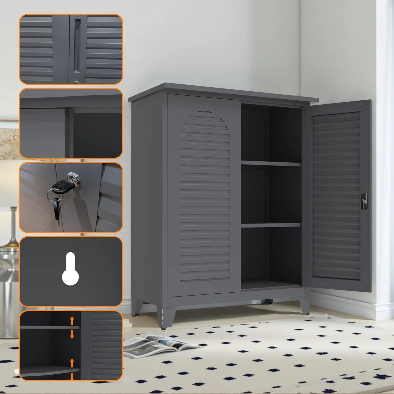 QIHAI Tool Chests & Cabinets,47'' Tall Metal Tool Storage Cabinet, with Ample Storage Space for Garage,Warehouse,Garden,Office, Living Room,Bathroom,Utility Room (47'' Tall + Slate + Steel) QIHAI