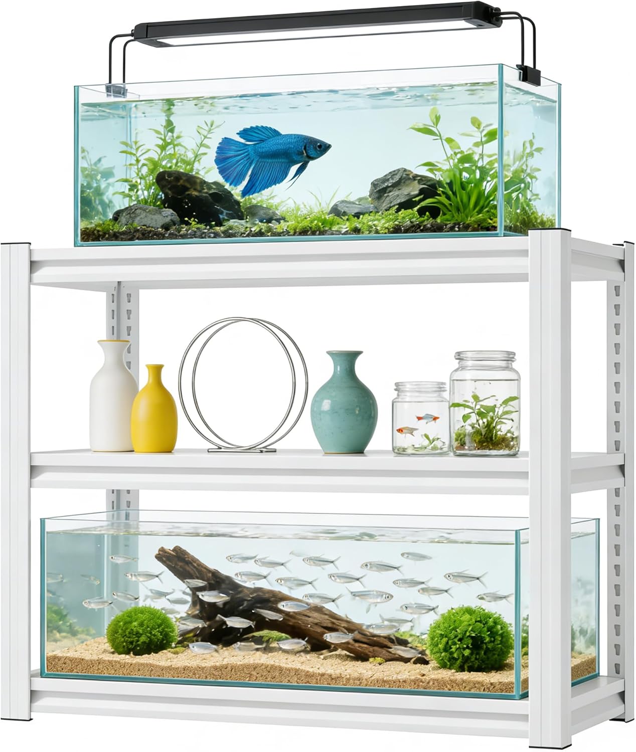 20-30 Gallon Fish Tank Stand - Metal Aquarium Stand, 34 "W x 18 "D x 31"H Adjustable Heavy Duty Reptile Tank Stand, Adjustable 3-Tier Fish Tank Rack Shelf for Home Office, Tank Not Included,White