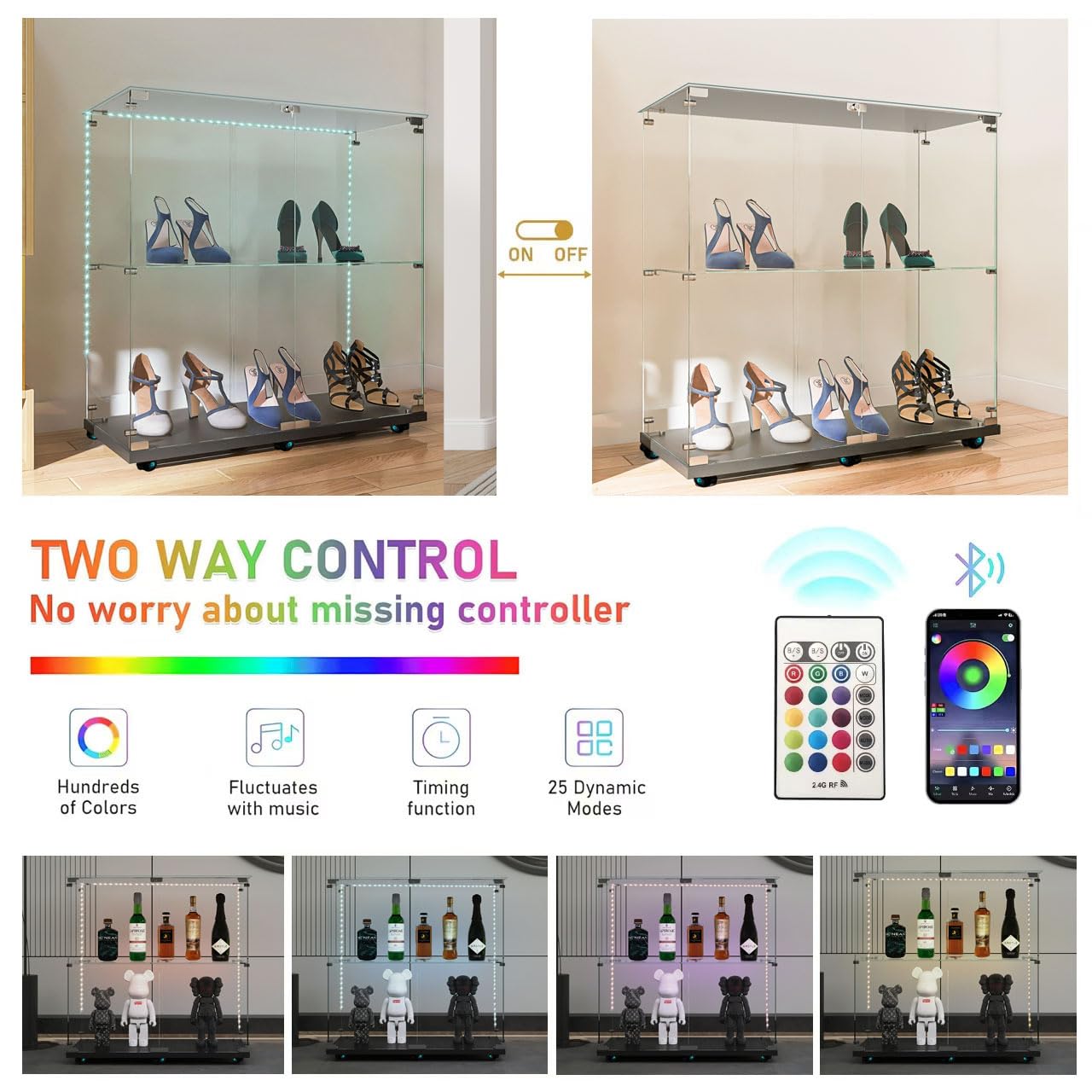 2-Tier Glass Display Case with Lights,2 Doors Curio Cabinets with Lock,Glass Display Cabine with Universal Wheel for Living Room, Office (Black)