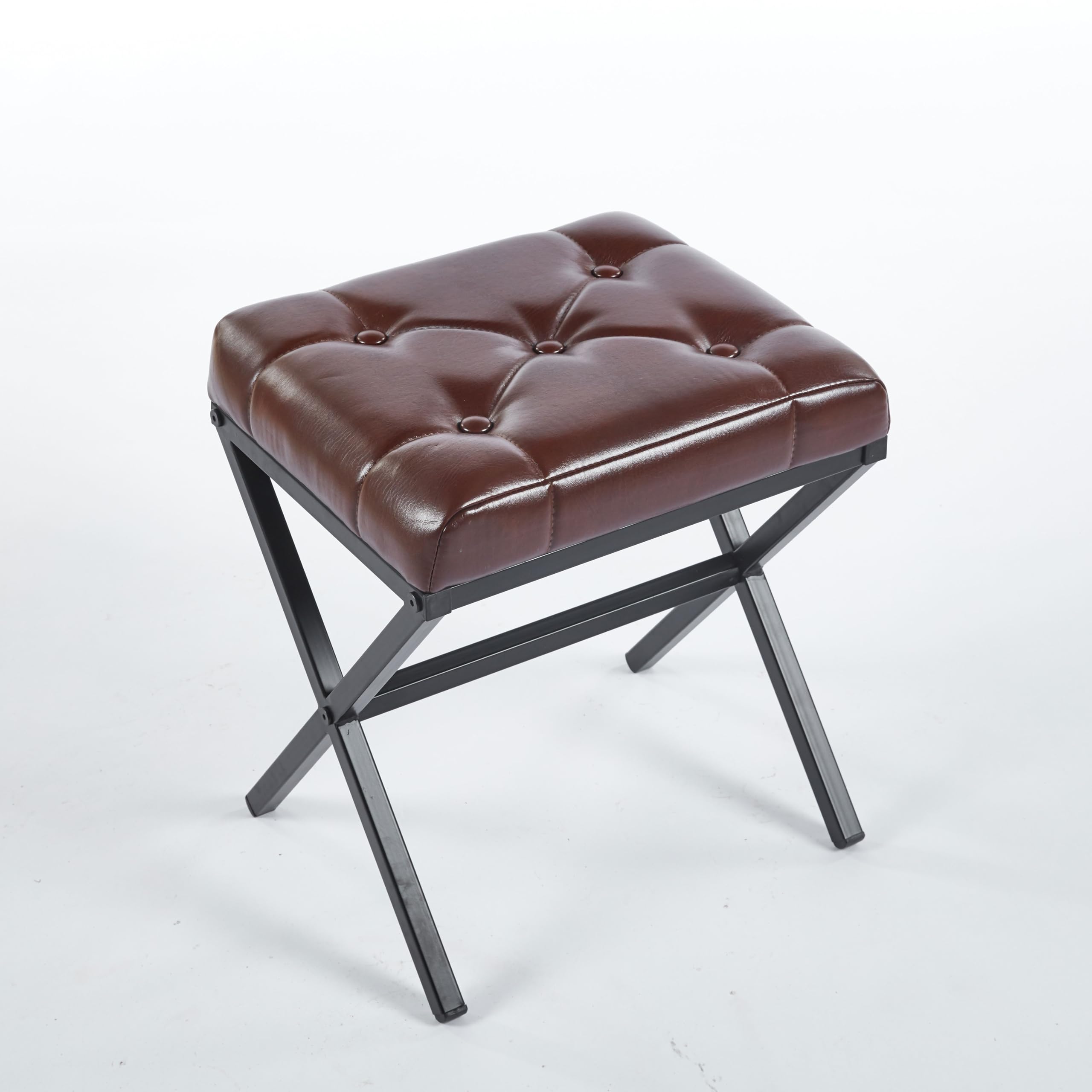Vanity Stool - Square Faux Leather Makeup Seat with Metal X Legs, Small Ottoman Chair for Makeup Room, Living Room - Modern Padded Foot Rest (Dark Brown)