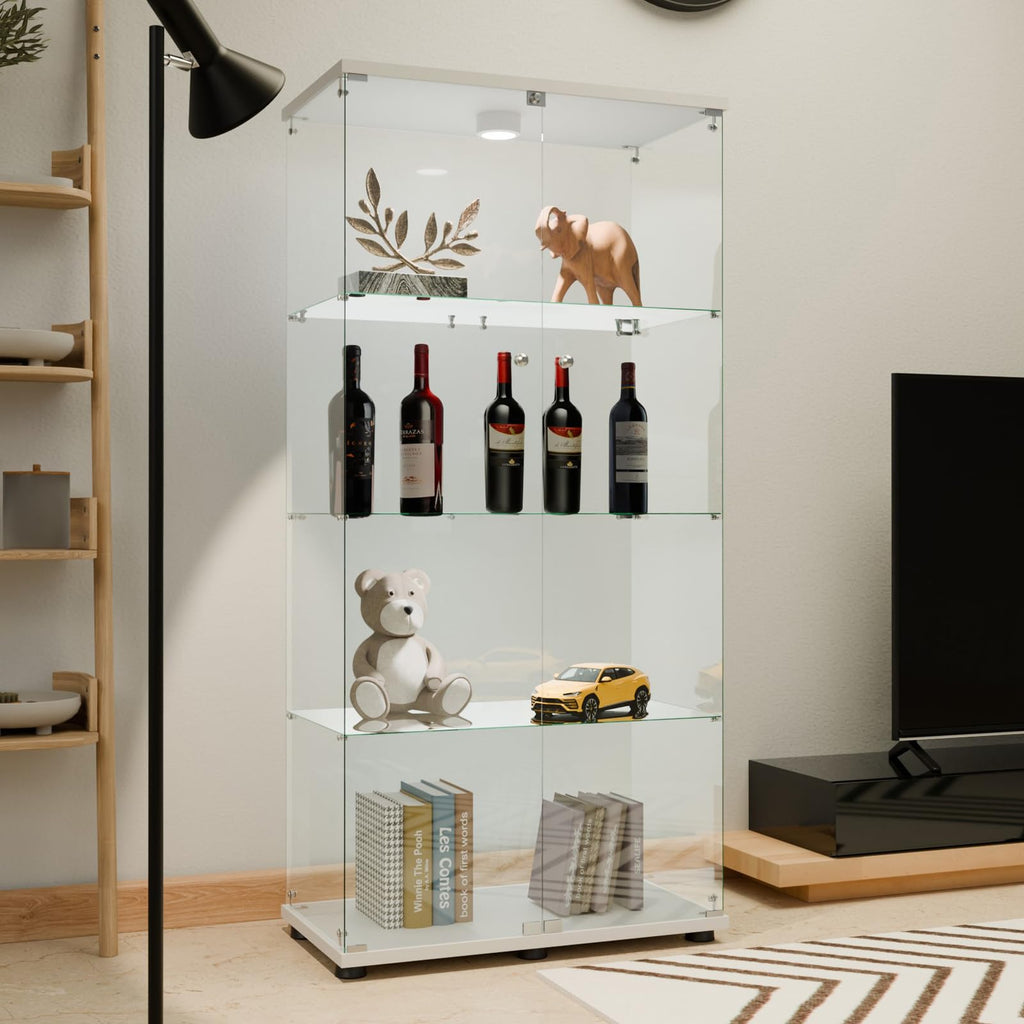Glass Display Cabinet 4 Shelves with Door, Easy to Install, Solid Tempered Glass, Floor Standing Curio Bookshelf for Living Room,White