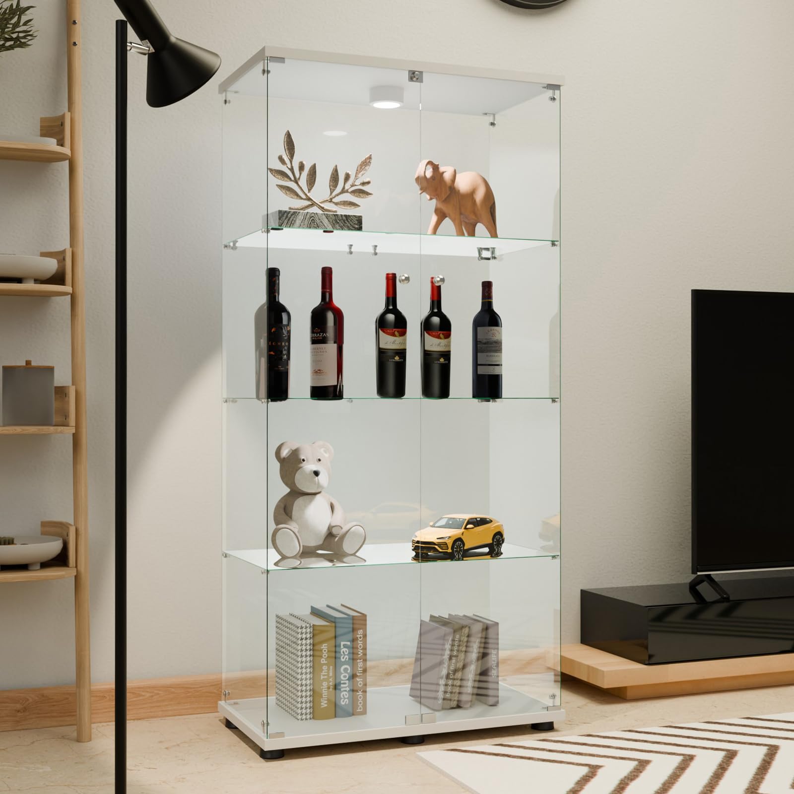Glass Display Cabinet 4 Shelves with Door, Easy to Install, Solid Tempered Glass, Floor Standing Curio Bookshelf for Living Room,White