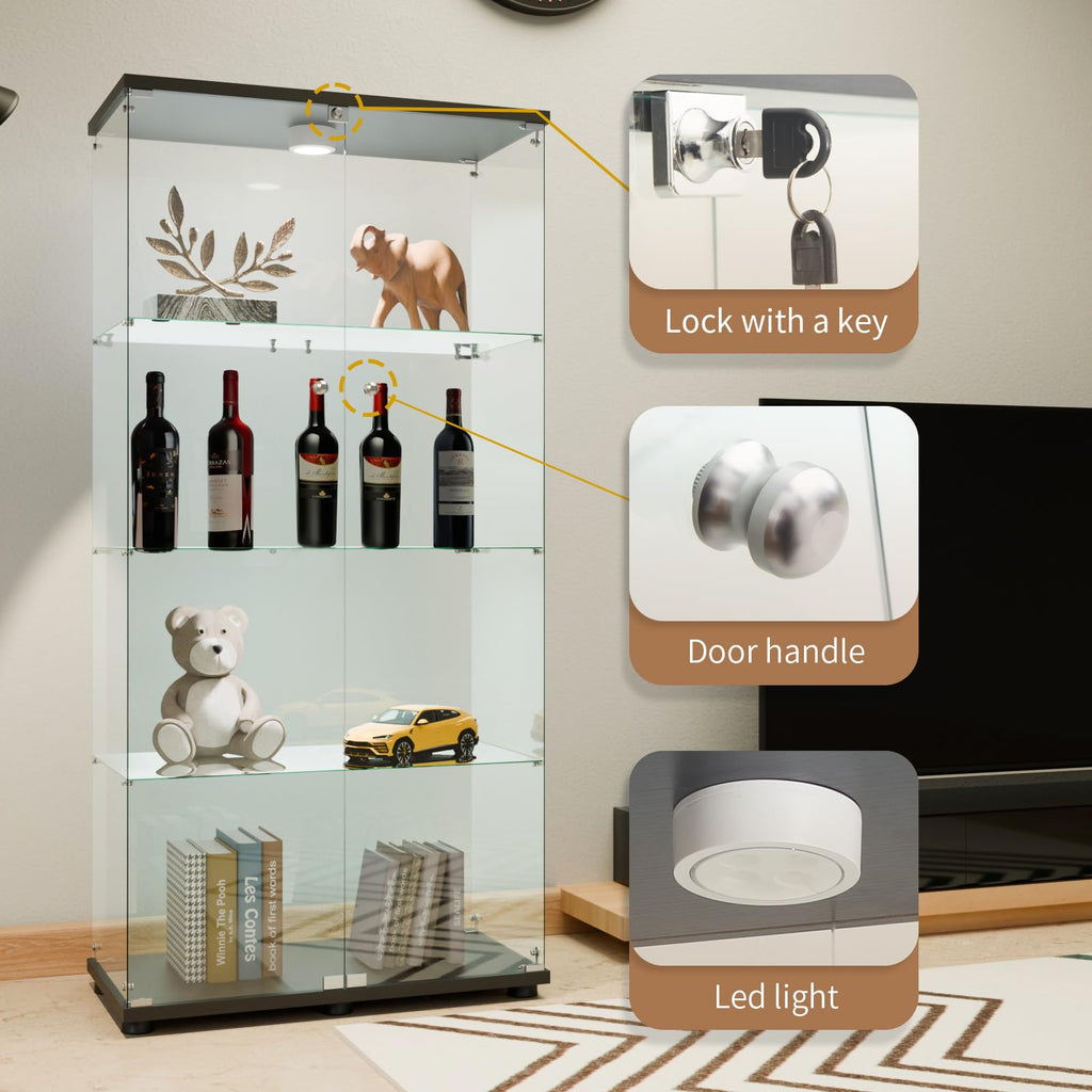 Glass Display Cabinet 4 Shelves with Door, Easy to Install, Solid Tempered Glass, Floor Standing Curio Bookshelf for Living Room,White