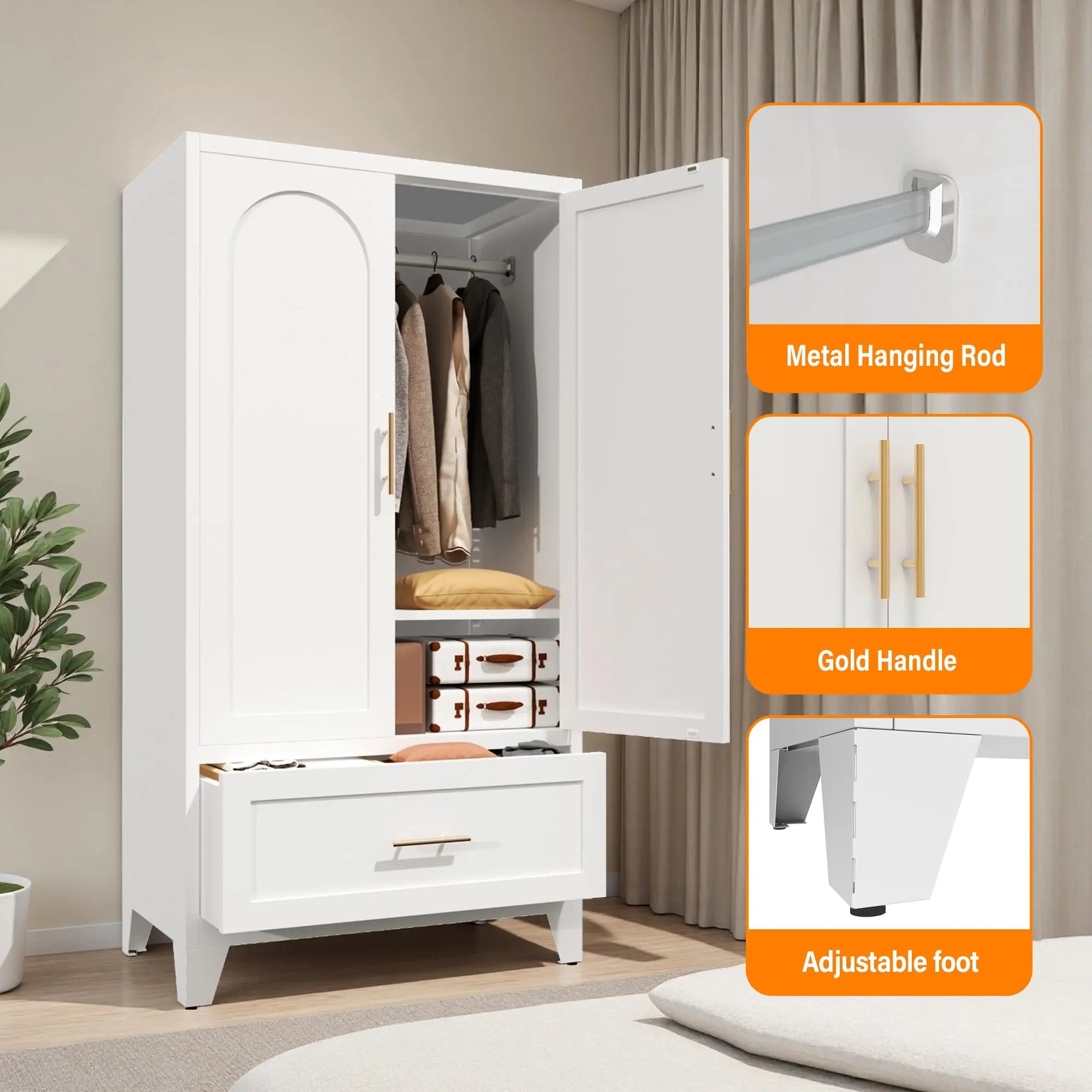 QIHAI Bedroom Armoires,71" Tall Metal Wardrobe Cabinet with 2 Drawers and Hanging Rod, 2 Doors Wardrobe Closet with Shelf for Bedroom, Office, Laundry Room,Entryway,Foyer,Guesthouse,White QIHAI