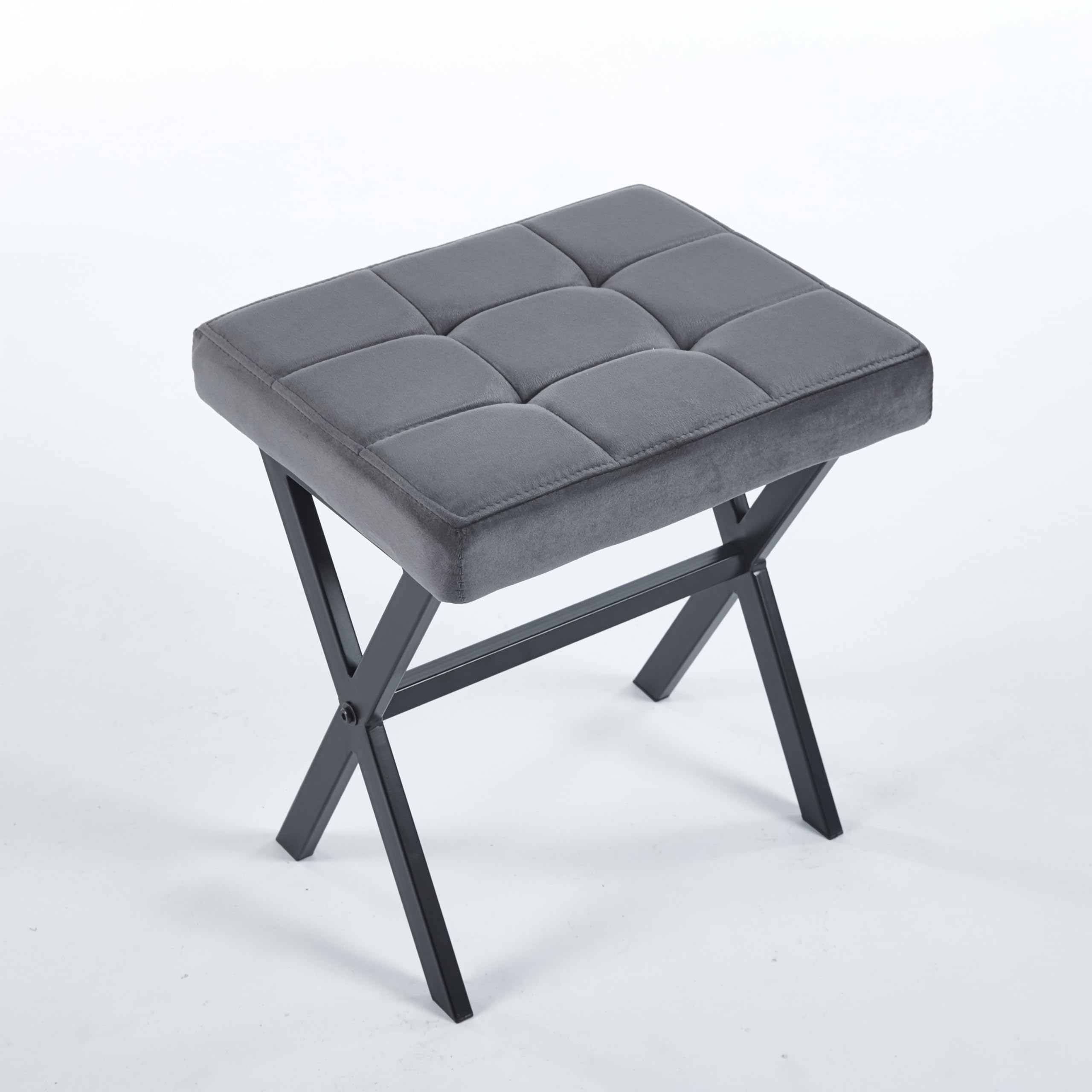 Vanity Stool - Square Faux Leather Makeup Seat with Metal X Legs, Small Ottoman Chair for Makeup Room, Living Room - Modern Padded Foot Rest (Dark Brown)