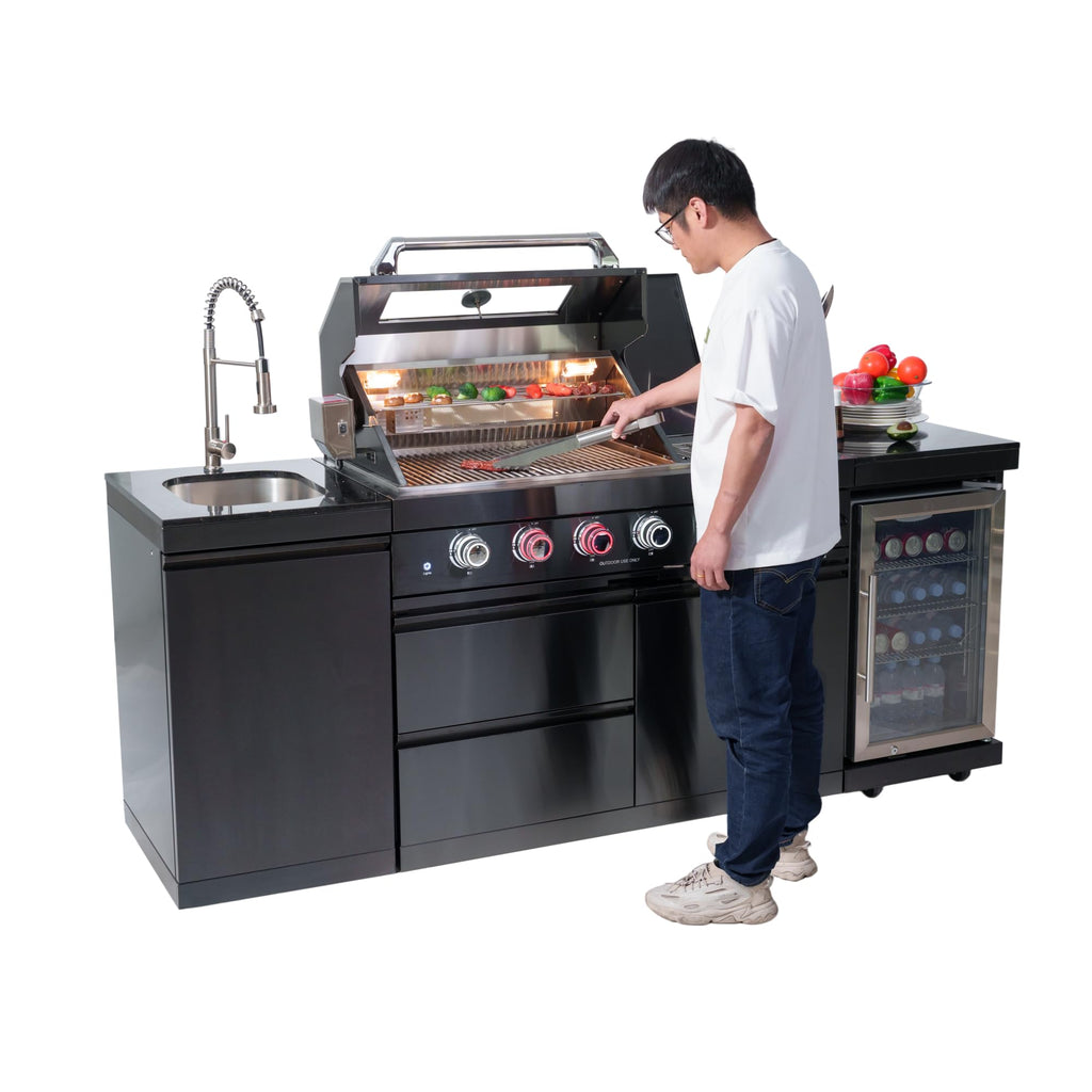 46-Inch 4-Burner 72000 BTU Deluxe Stainless Steel Gas Outdoor Kitchen Bar Barbecue Island Grill, Wine Cooler Compact Refrigerator, Rotisserie, Granite Countertops, Stainless steel Sink,Black
