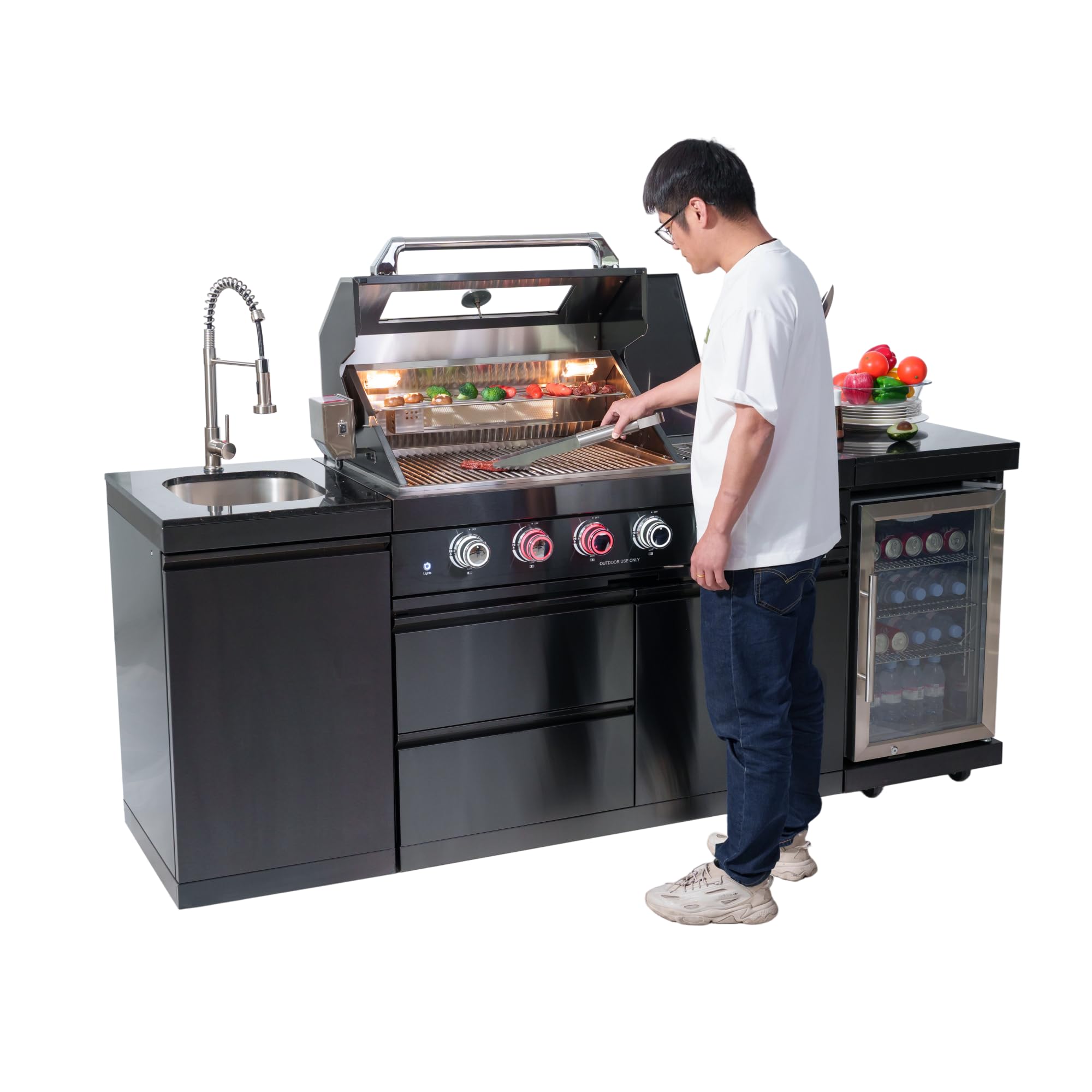 46-Inch 4-Burner 72000 BTU Deluxe Stainless Steel Gas Outdoor Kitchen Bar Barbecue Island Grill, Wine Cooler Compact Refrigerator, Rotisserie, Granite Countertops, Stainless steel Sink,Black