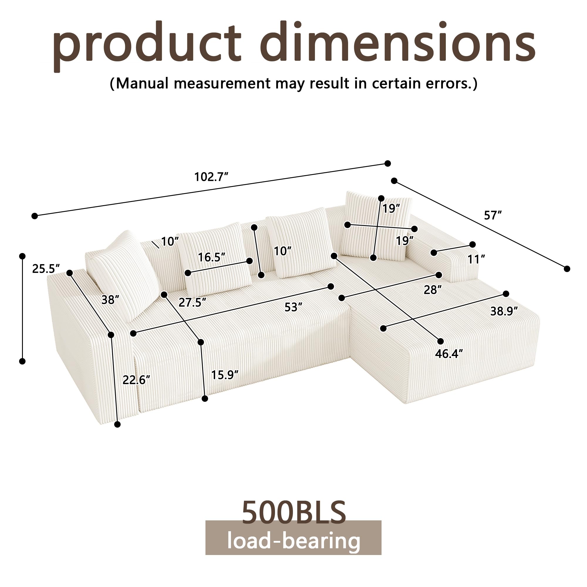 102.7" Corduroy Sectional Couch, Boneless L Shaped Couch with Deep Seat, Cloud Foam Sofa with Chaise, Sectional Sofa No Assembly Needed for Living Room and Bedroom (Black + Corduroy + 3 Seat + Foam)