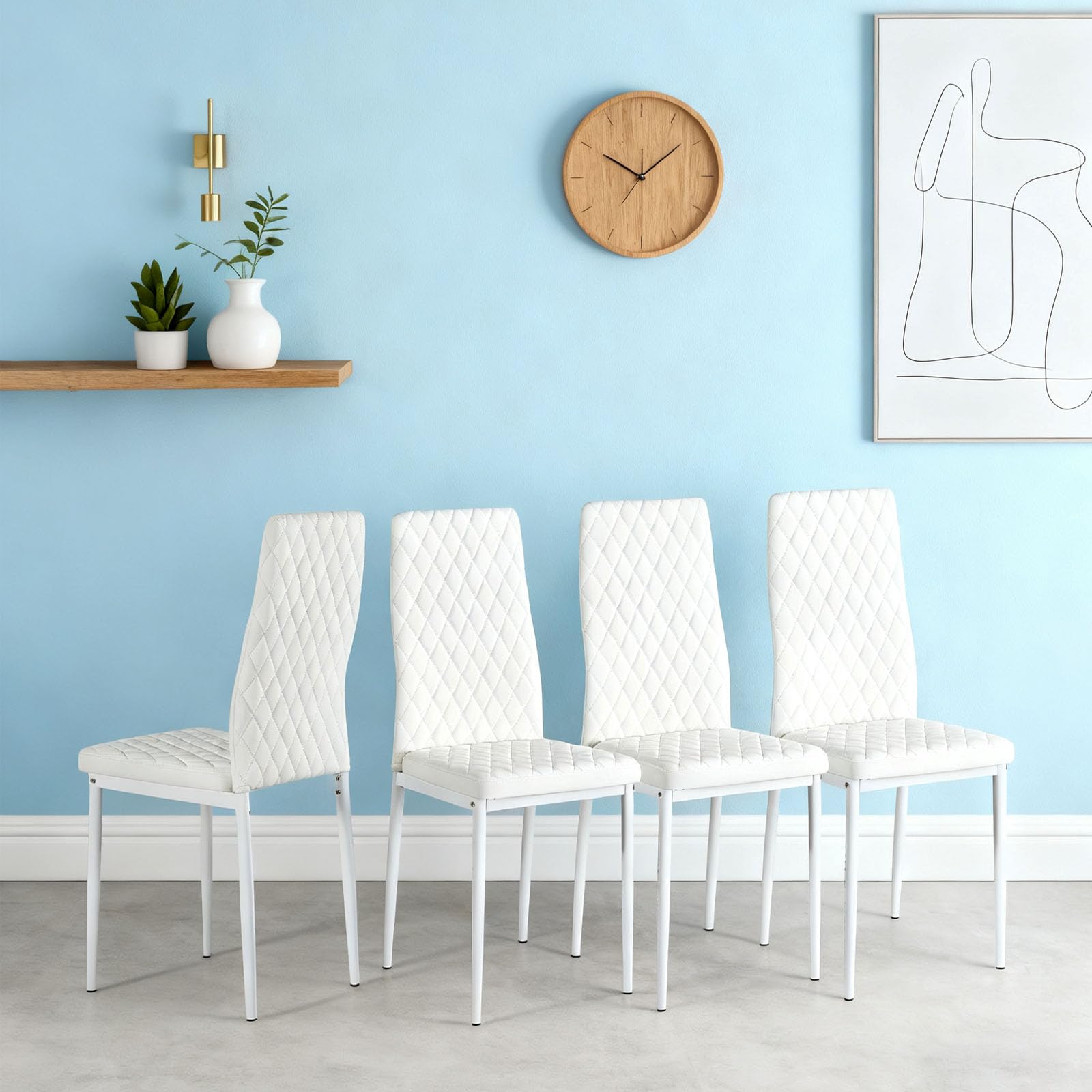 Dining Chairs Set of 4, Dining Chairs with Cushions, PU Leather Upholstered Kitchen Dining Room Chairs with Metal Legs for Dining Living Room (White, 4 PCS)