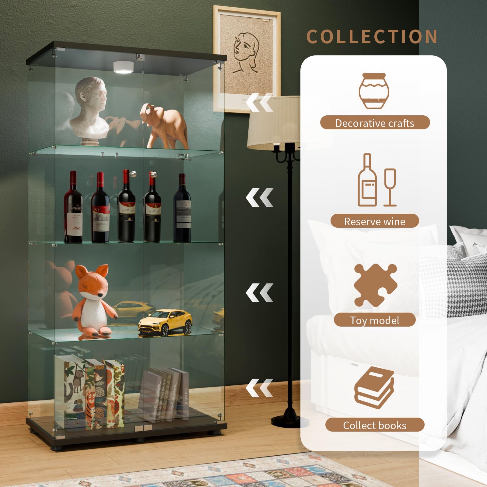 Glass Display Cabinet 4 Shelves with Door, Easy to Install, Solid Tempered Glass, Floor Standing Curio Bookshelf for Living Room,White