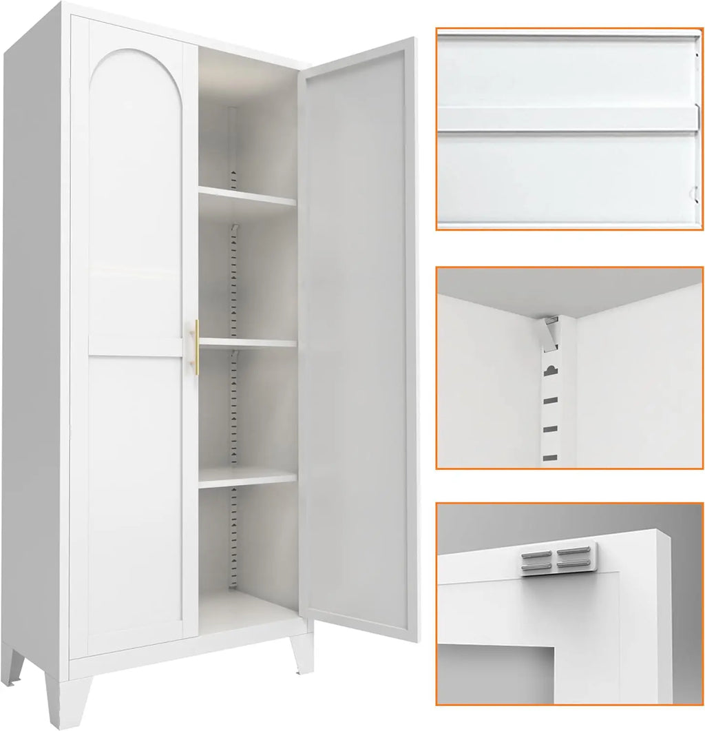QIHAI 71'' 2 Shapely Doors Cabinet, Metal Storage Cabinet with Doors and Adjustable Shelves, for Kitchen, Dining Room, Living Room,White QIHAI