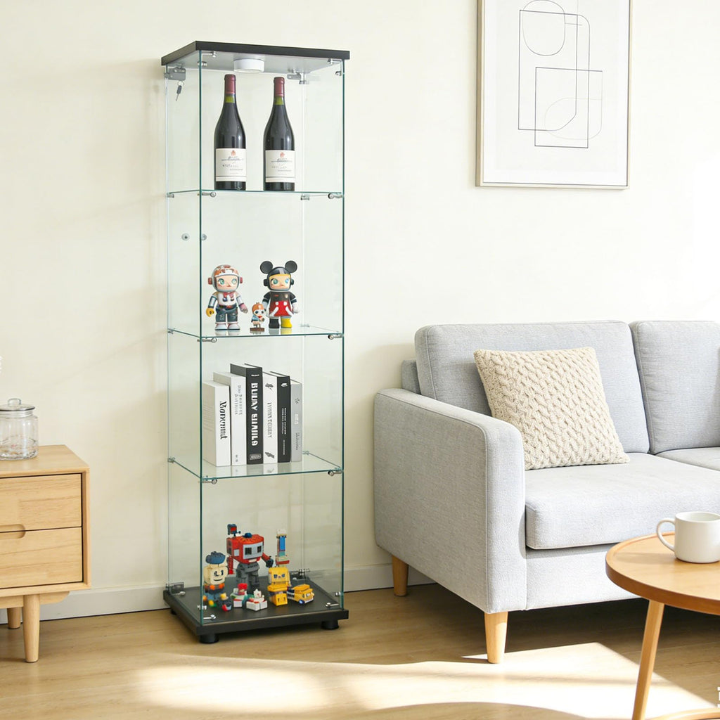 Glass Display Cabinet 4 Shelves with Door, Easy to Install, Solid Tempered Glass, Floor Standing Curio Bookshelf for Living Room,White