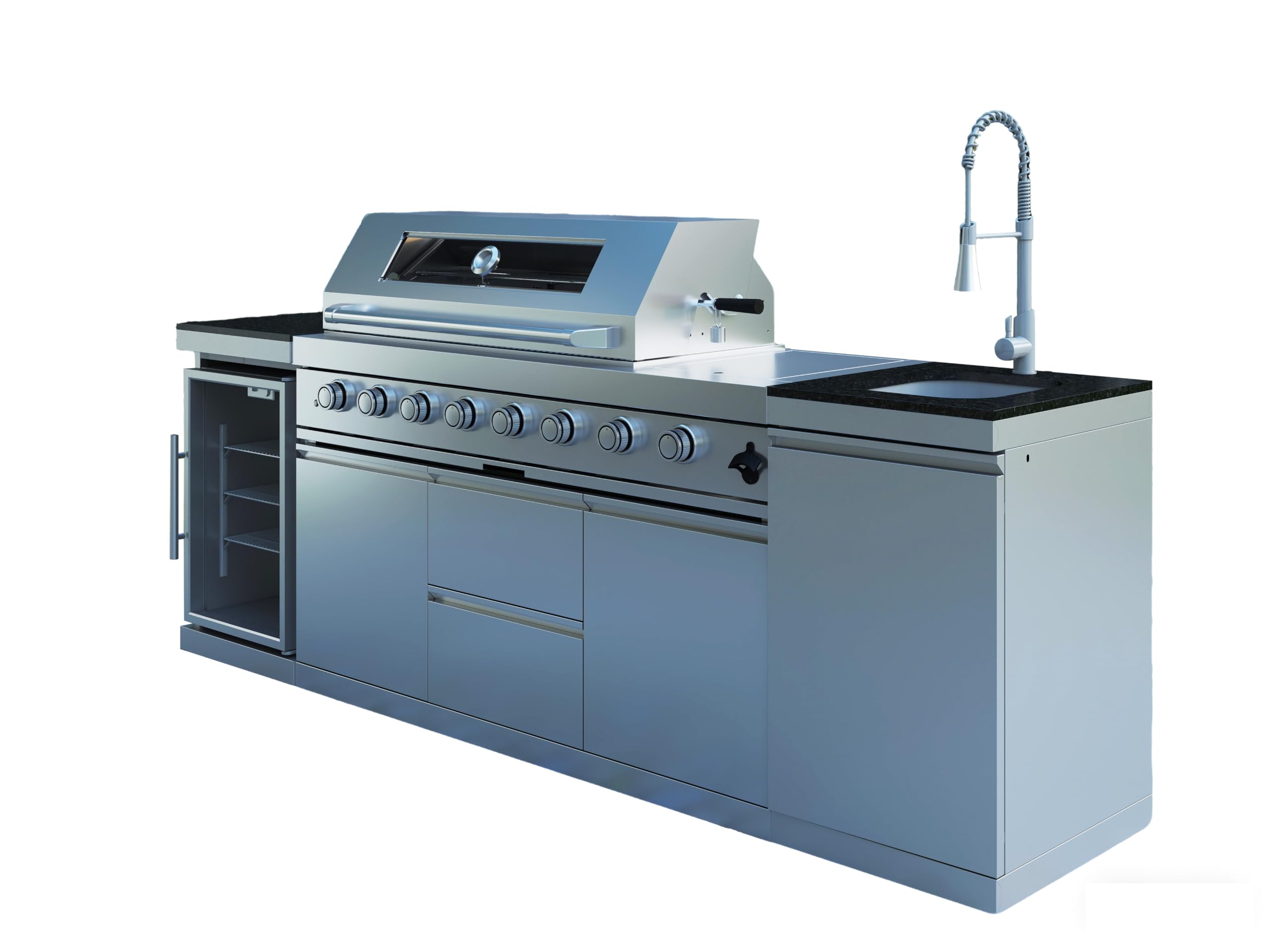 46-Inch 4-Burner 72000 BTU Deluxe Stainless Steel Gas Outdoor Kitchen Bar Barbecue Island Grill, Wine Cooler Compact Refrigerator, Rotisserie, Granite Countertops, Stainless steel Sink,Black