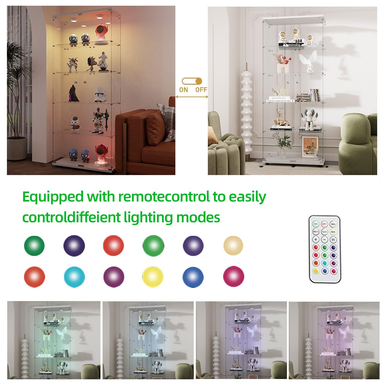 Glass Display Case with Lights,Tempered Glass Curio Cabinets with Glass Doors and Lock,Glass Display Cabinet for Bedroom, Living Room,Kitchen (White, 2 Door-5 Tier)