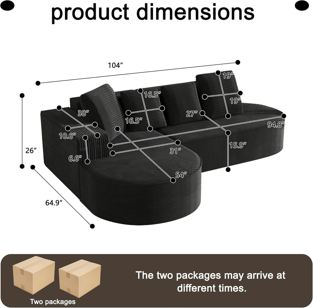 104" Corduroy Sectional Couch, Boneless L Shaped Couch with Deep Seat, Cloud Foam Sofa with Chaise, Sectional Sofa No Assembly Needed for Living Room (Foam + Black + Corduroy + 3 Seat)