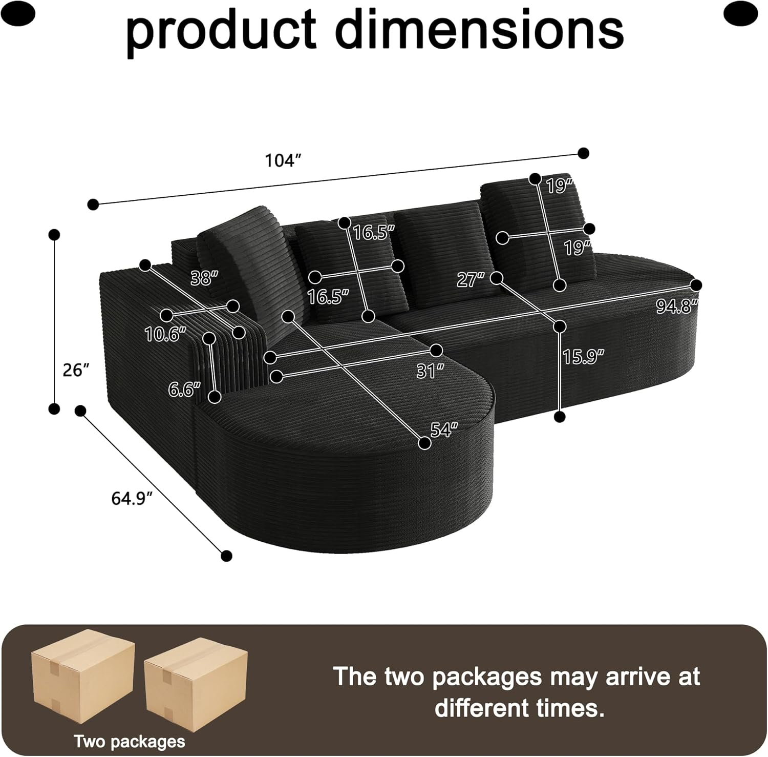 104" Corduroy Sectional Couch, Boneless L Shaped Couch with Deep Seat, Cloud Foam Sofa with Chaise, Sectional Sofa No Assembly Needed for Living Room (Foam + Black + Corduroy + 3 Seat)