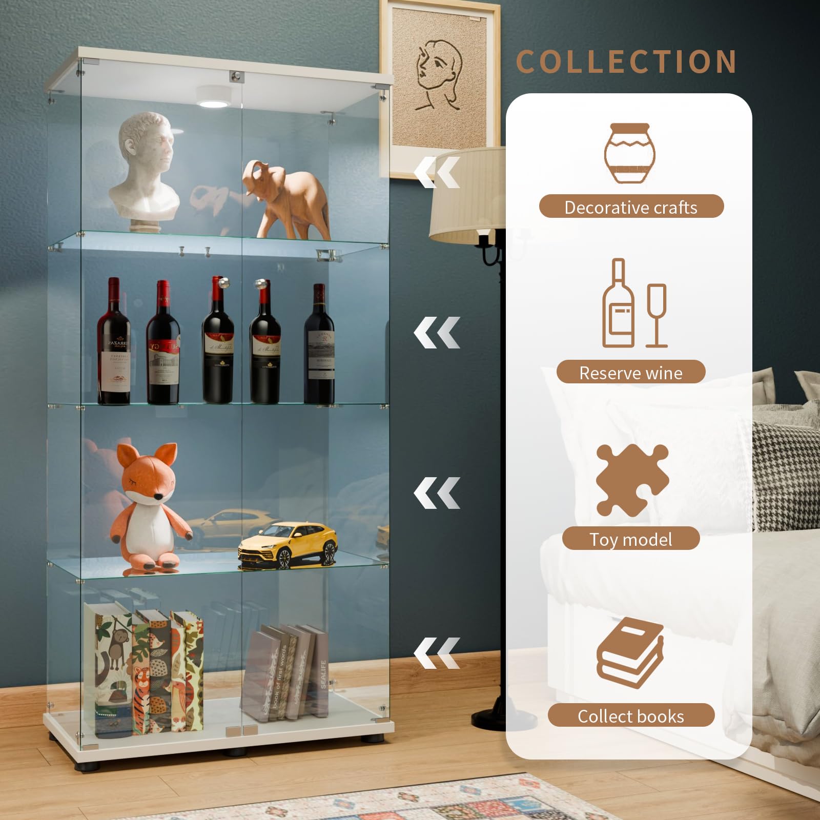 Glass Display Cabinet 4 Shelves with Door, Easy to Install, Solid Tempered Glass, Floor Standing Curio Bookshelf for Living Room,White