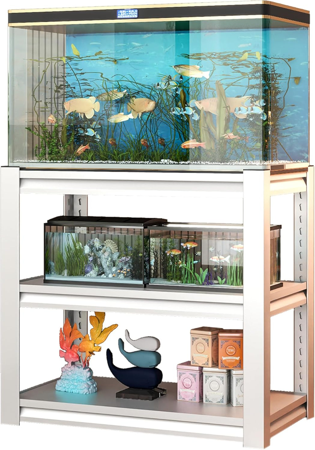 20-30 Gallon Fish Tank Stand - Metal Aquarium Stand, 34 "W x 18 "D x 31"H Adjustable Heavy Duty Reptile Tank Stand, Adjustable 3-Tier Fish Tank Rack Shelf for Home Office, Tank Not Included,White