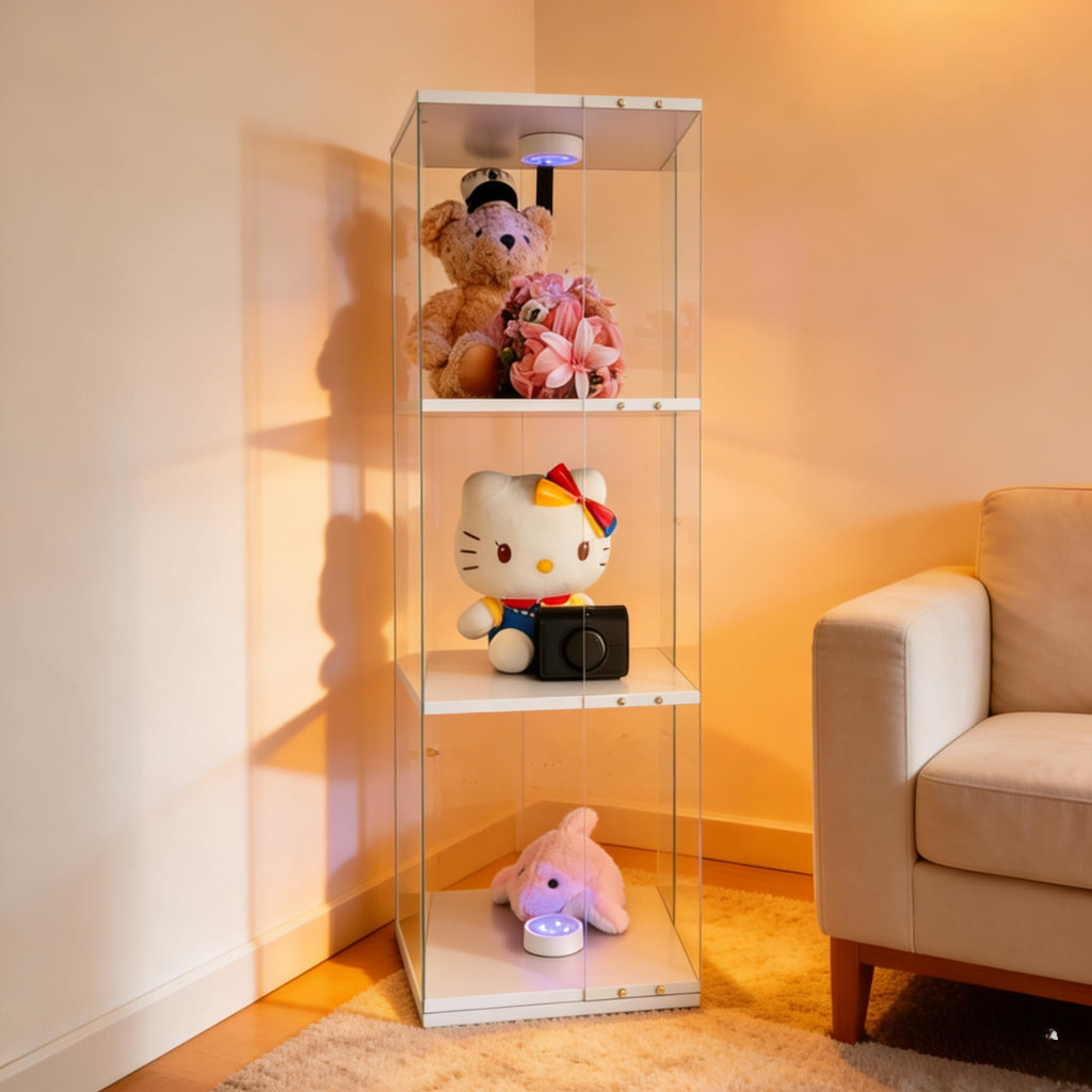 Tempered Glass Display Cabinet with Doors, Curio Cabinet with Lights,Rotatable 4 Tier Glass Display Case for Living Room,Dining Room,Corridor,Office (White, 4-Tier)