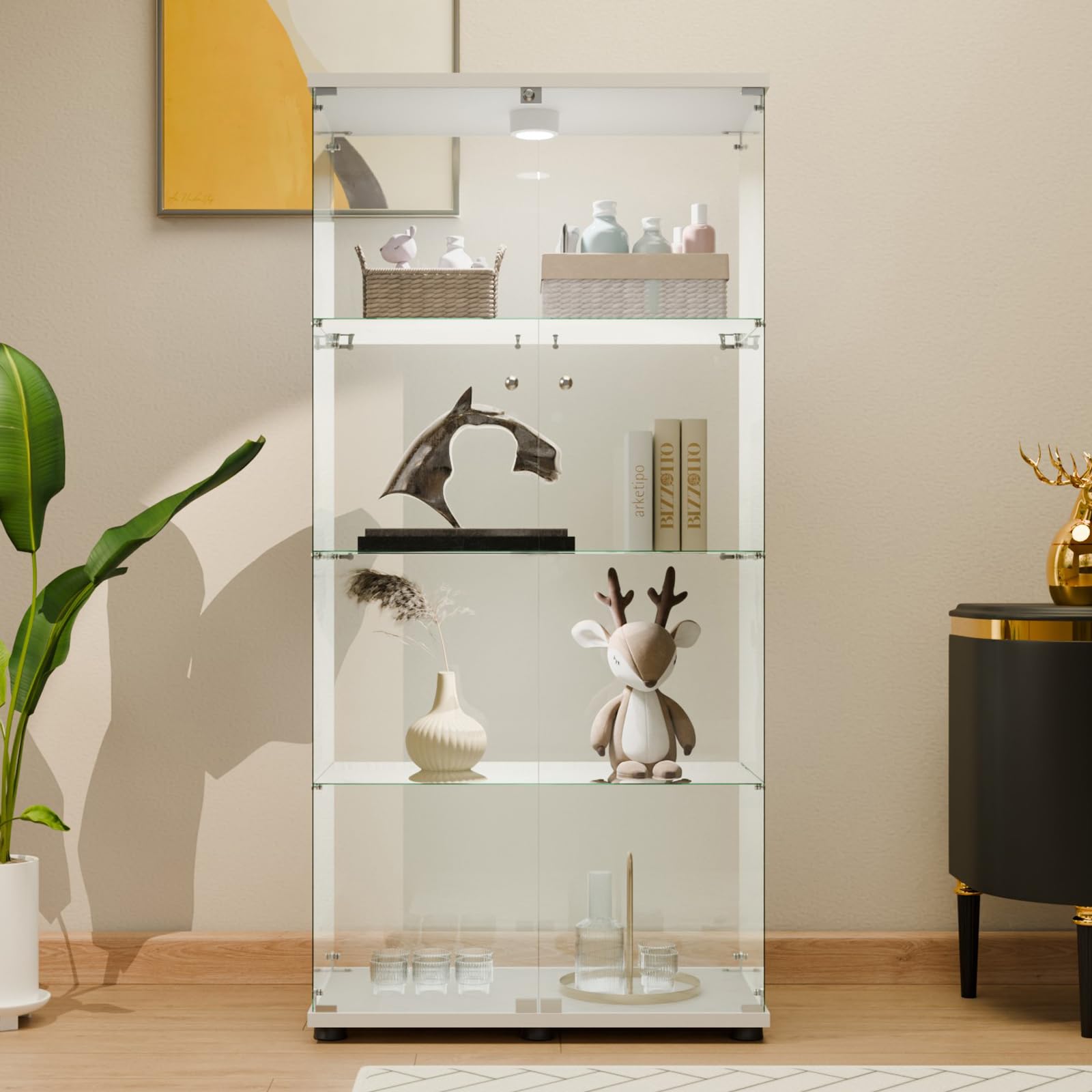 Glass Display Cabinet 4 Shelves with Door, Easy to Install, Solid Tempered Glass, Floor Standing Curio Bookshelf for Living Room,White