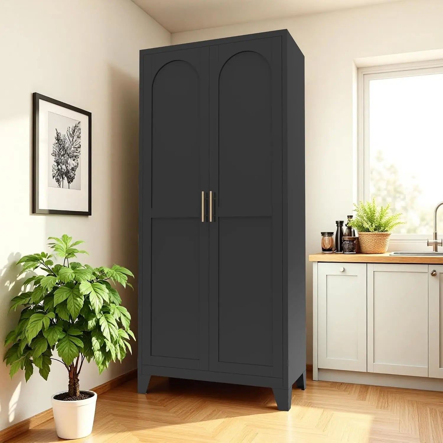 QIHAI 71'' 2 Shapely Doors Cabinet, Metal Storage Cabinet with Doors and Adjustable Shelves, for Kitchen, Dining Room, Living Room,White QIHAI