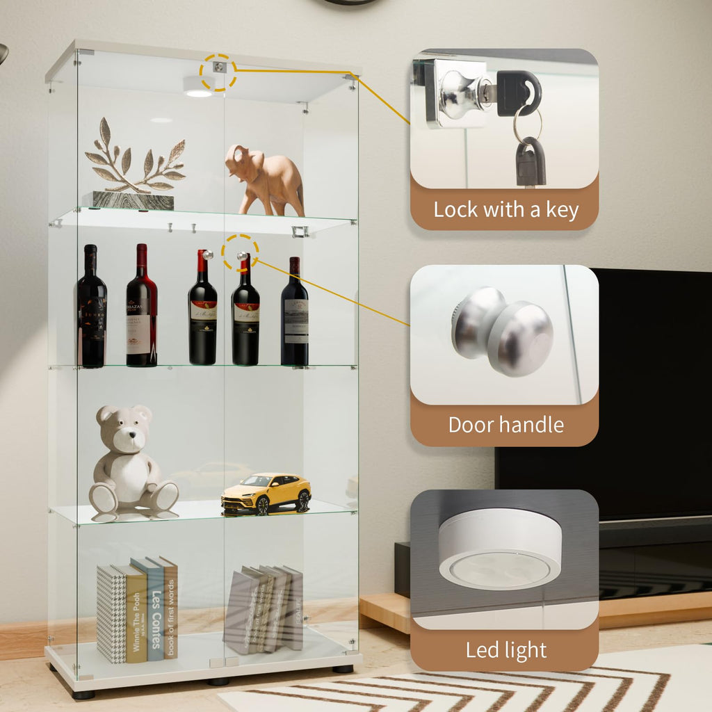 Glass Display Cabinet 4 Shelves with Door, Easy to Install, Solid Tempered Glass, Floor Standing Curio Bookshelf for Living Room,White