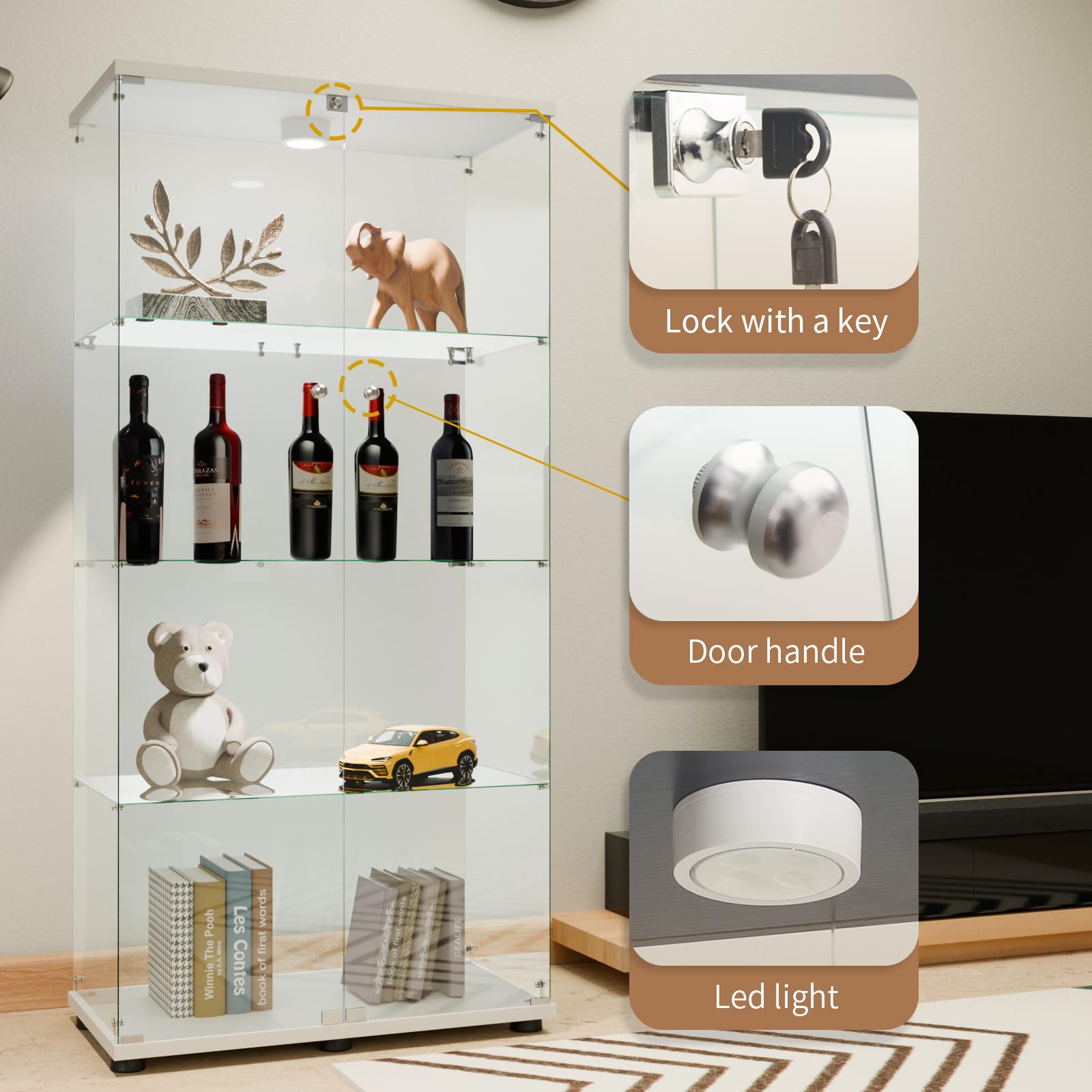 Glass Display Cabinet 4 Shelves with Door, Easy to Install, Solid Tempered Glass, Floor Standing Curio Bookshelf for Living Room,White