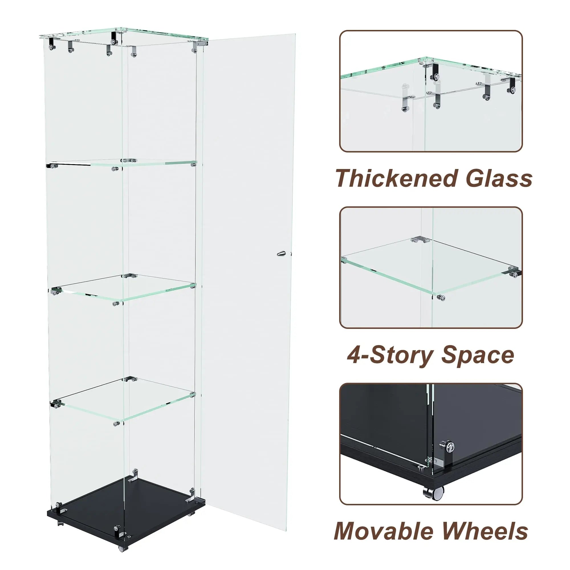QIHAI Glass Display Cabinet,Premium 4-Tier Diamond Glass Display Case with 5 Dynamic LED Modes, Tempered Glass Curio Cabinet for Collectibles & Decor (62.99x27.56x11.81 Inches) QIHAI
