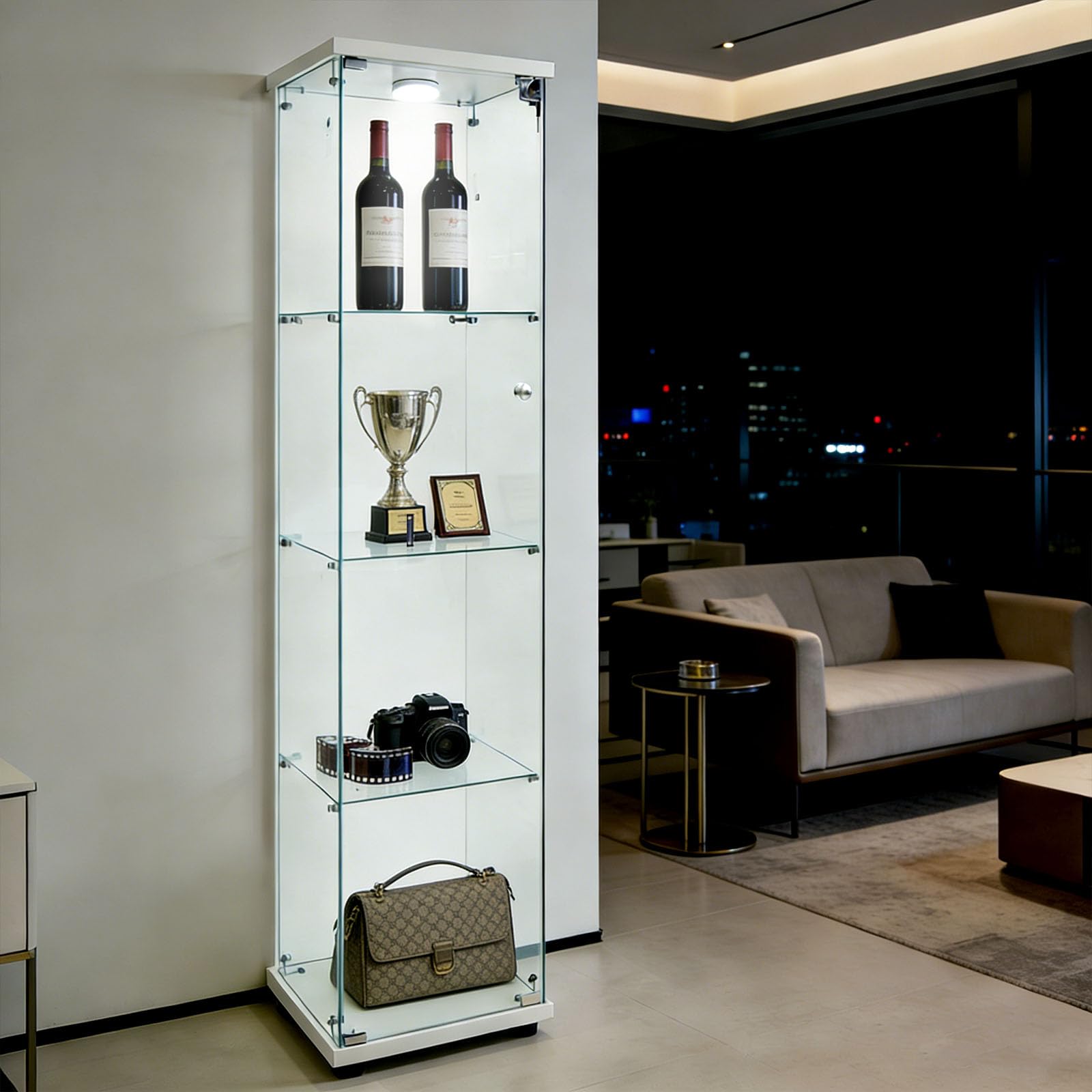 Glass Display Cabinet 4 Shelves with Door, Easy to Install, Solid Tempered Glass, Floor Standing Curio Bookshelf for Living Room,White