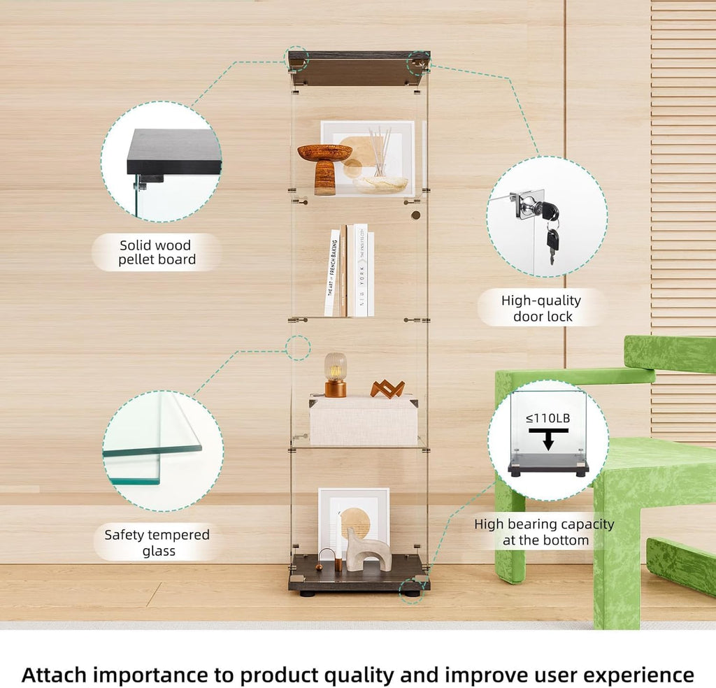 Glass Display Cabinet 4 Shelves with Door, Easy to Install, Solid Tempered Glass, Floor Standing Curio Bookshelf for Living Room,White