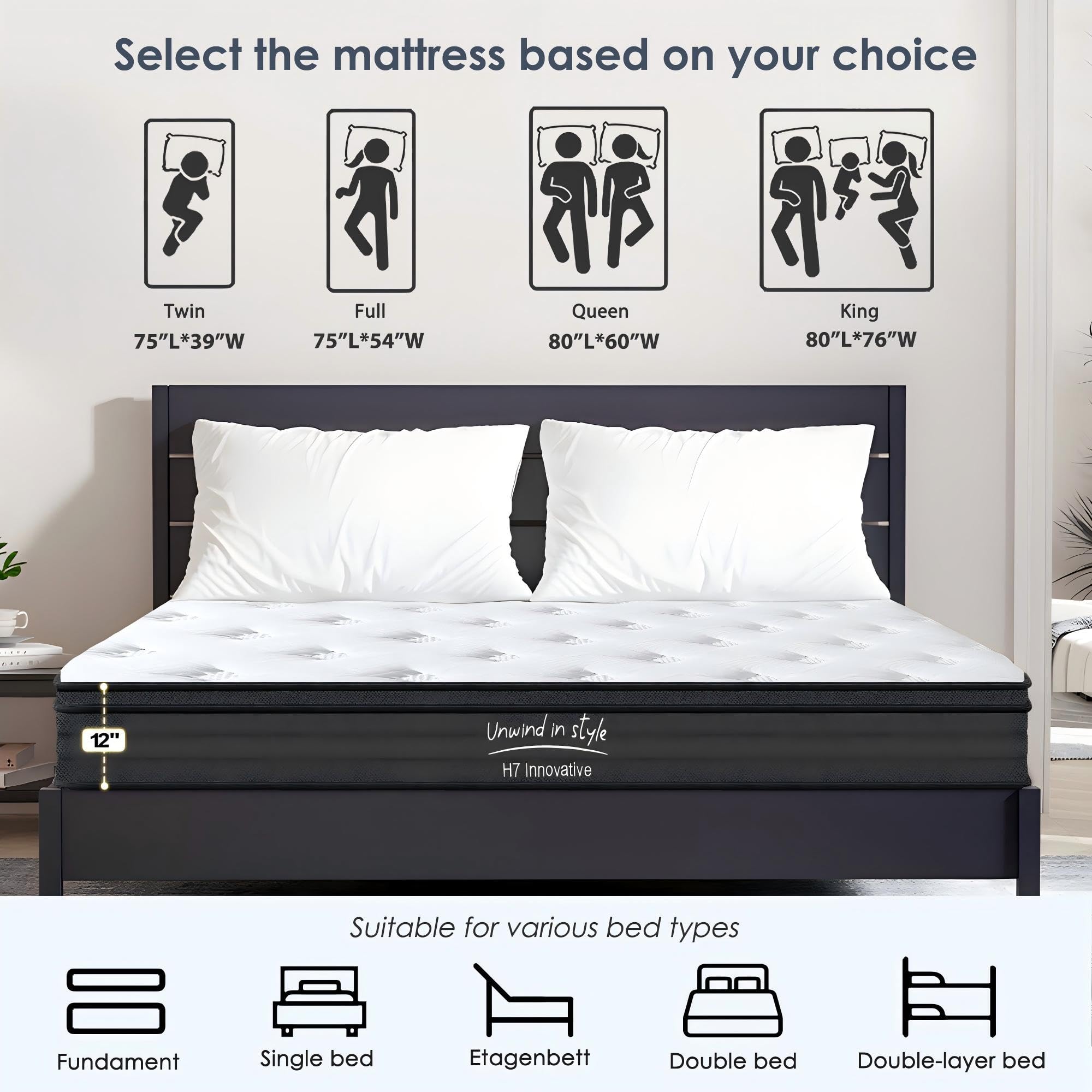 Queen 8 inch Mixed Mattress, Spring Mattress in Independent Packaging Bag, Breathable and Comfortable, Decompression, Including Gel Memory Foam, Suitable for Various bedsteads (8 Inch, Queen)