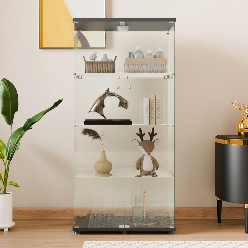 Glass Display Cabinet 4 Shelves with Door, Easy to Install, Solid Tempered Glass, Floor Standing Curio Bookshelf for Living Room,White