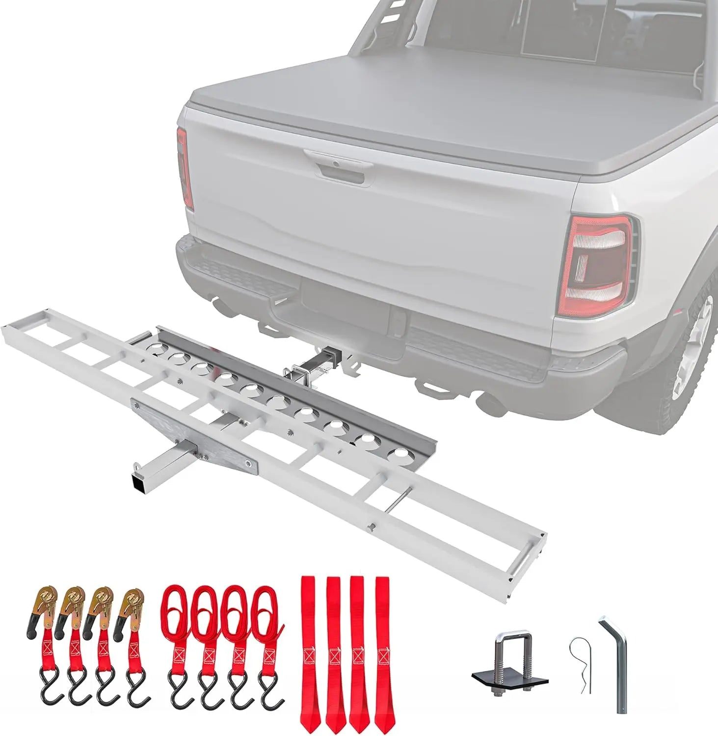 Aluminum Motorcycle Hitch Mount Carrier, Dirt Bike Rack with Loading Ramp, 400lb Capacity with Anti-Rattle Stabilizer, Fits 2" Receiver,Lightweight & Rust-Resistant QIHAI
