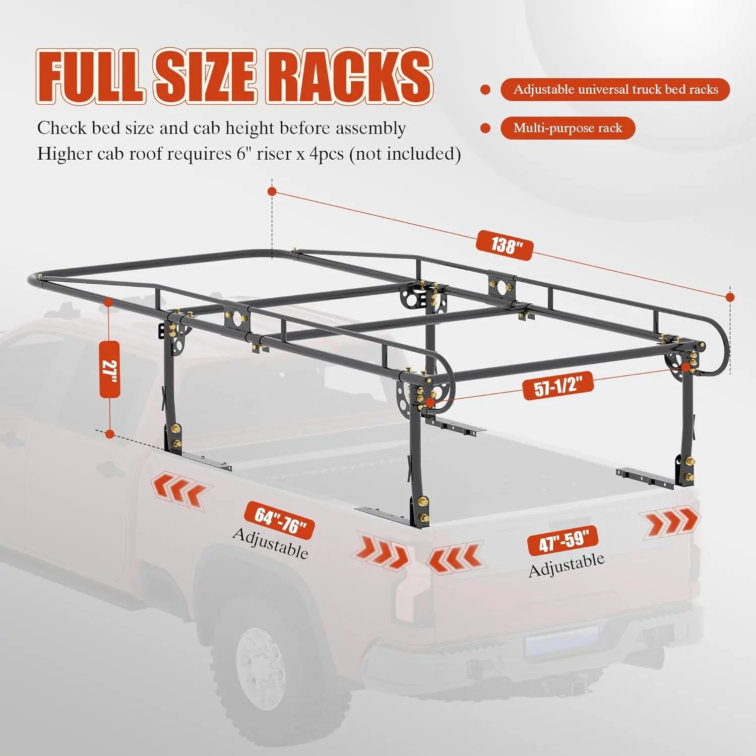 Universal Steel Over-Cab Truck Bed Rack Contractor Pickup Lumber Full Size Rack Adjustable for Kayak, Ladder, Surfboard, Lumber QIHAI