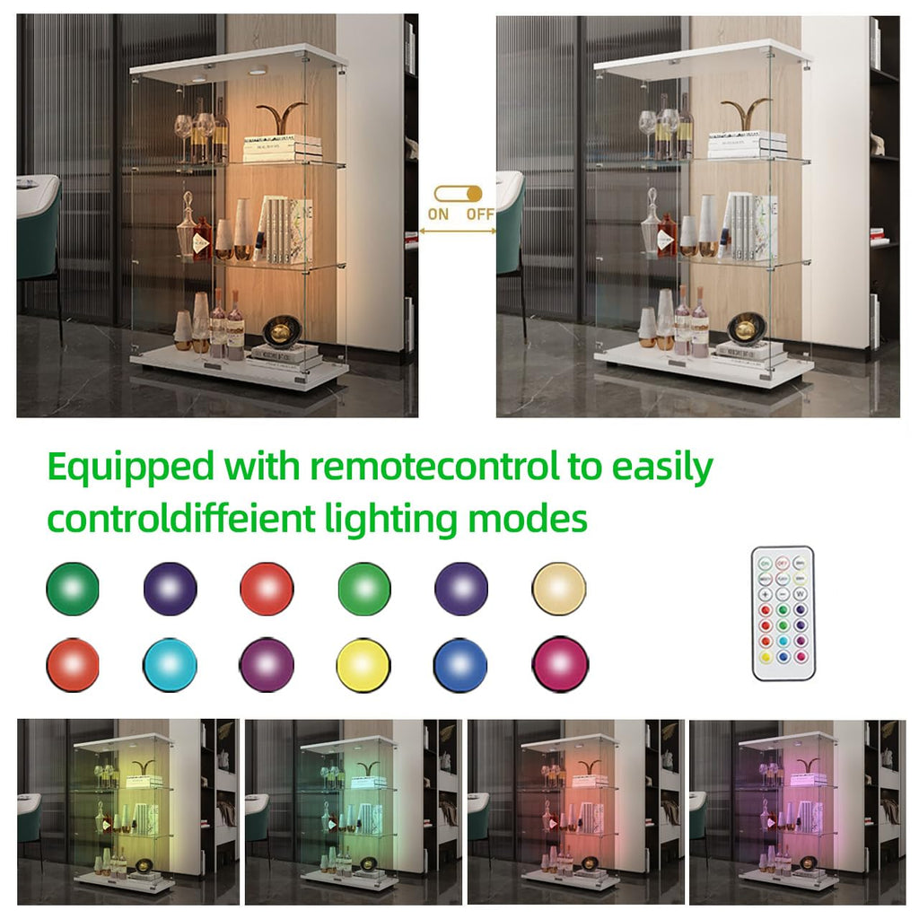 Glass Display Case with Lights,Tempered Glass Curio Cabinets with Glass Doors and Lock,Glass Display Cabinet for Bedroom, Living Room,Kitchen (White, 2 Door-5 Tier)