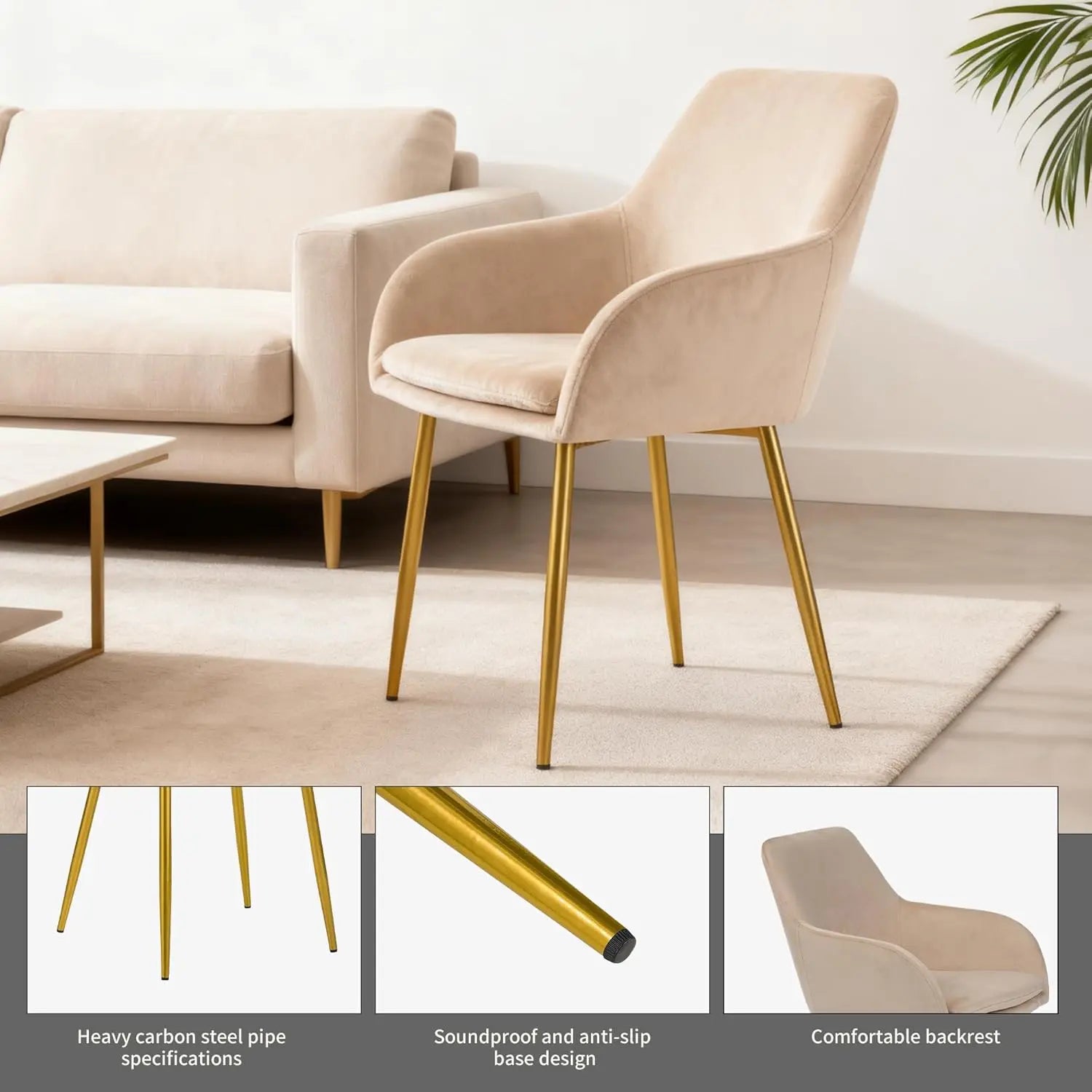 QIHAI Dining Chairs Set of 2,Dining Chairs with Gold Metal Legs, Modern Padded Chairs Suitable for Dining Rooms, Kitchens, and Vanity Tables,Beige QIHAI