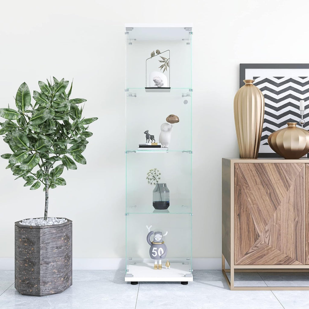 Glass Display Cabinet 4 Shelves with Door, Easy to Install, Solid Tempered Glass, Floor Standing Curio Bookshelf for Living Room,White