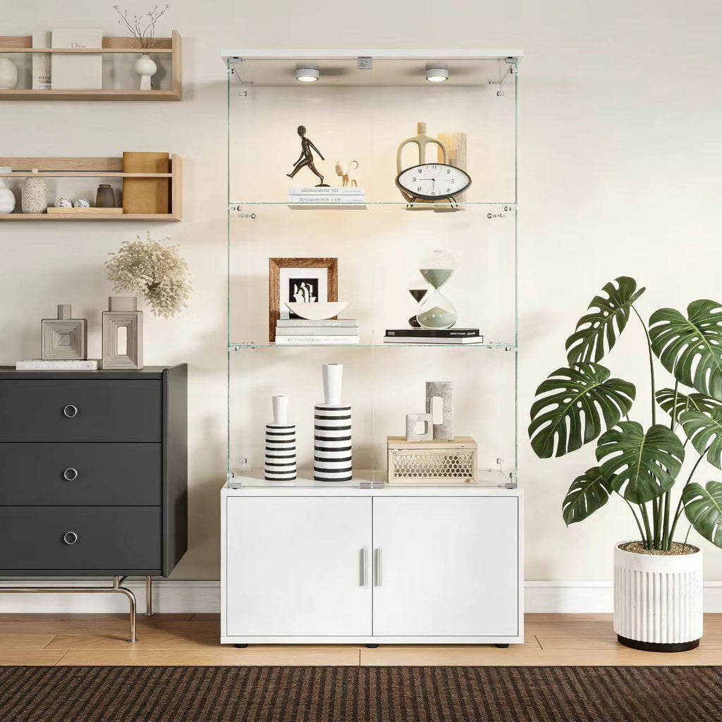 4-Tier Display Cabinet,Display Case with Glass Doors,Wine Cabinet with Lights, Storage Cabinets with 3 Shelves & 2 Drawers for Living Room,Dining (White)