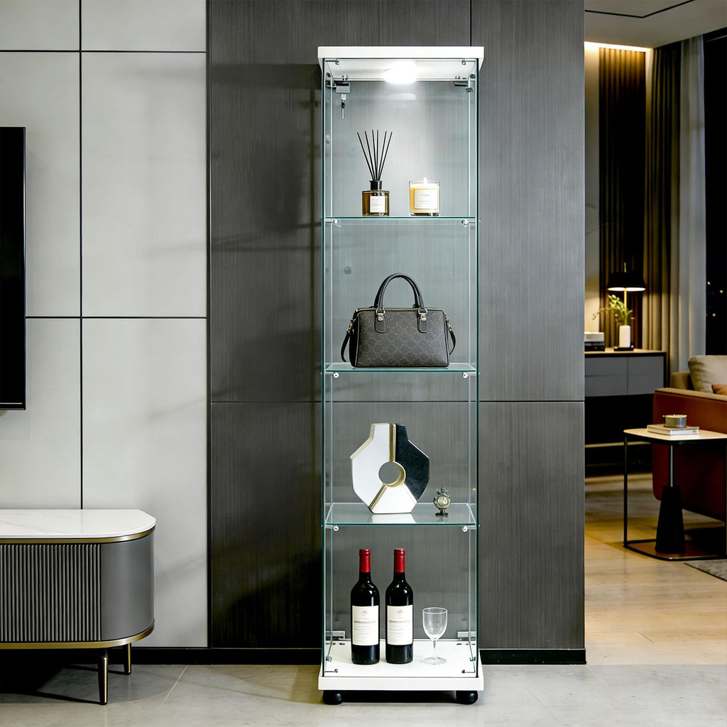 Glass Display Cabinet 4 Shelves with Door, Easy to Install, Solid Tempered Glass, Floor Standing Curio Bookshelf for Living Room,White