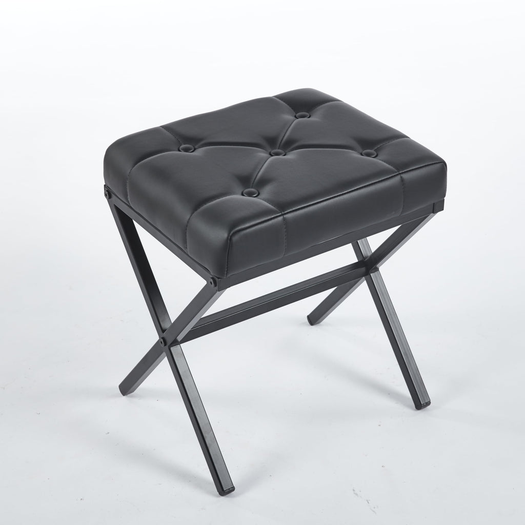 Vanity Stool - Square Faux Leather Makeup Seat with Metal X Legs, Small Ottoman Chair for Makeup Room, Living Room - Modern Padded Foot Rest (Dark Brown)