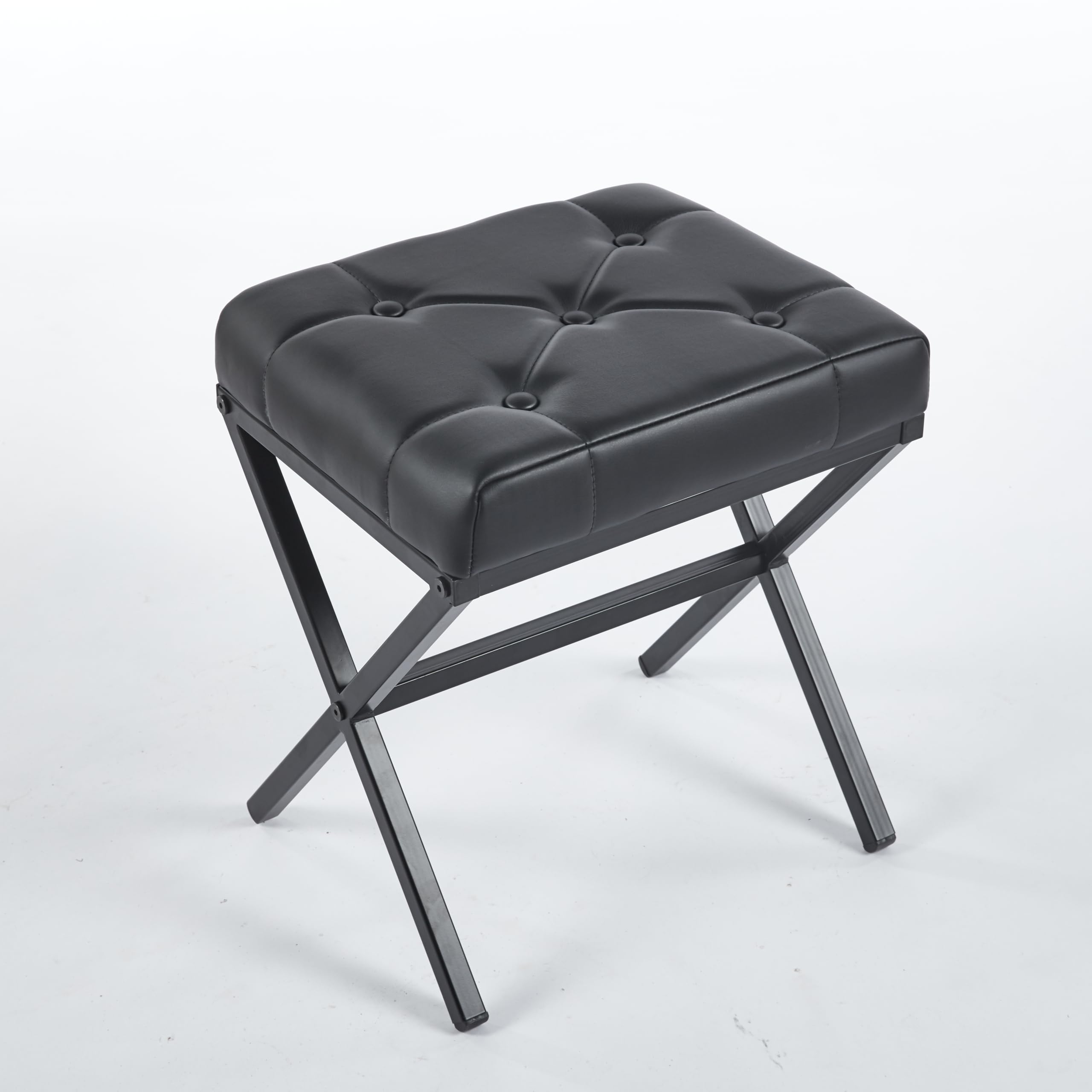 Vanity Stool - Square Faux Leather Makeup Seat with Metal X Legs, Small Ottoman Chair for Makeup Room, Living Room - Modern Padded Foot Rest (Dark Brown)