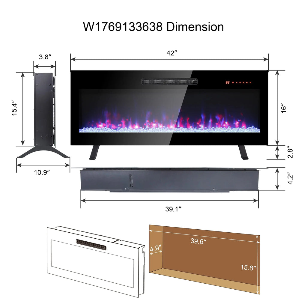 42 inch Electric Fireplace,Recessed Ultra Thin,Tempered Glass Front,Wall Mounted with Remote and Multi Color Flame & Emberbed, LED Light Heater QIHAI