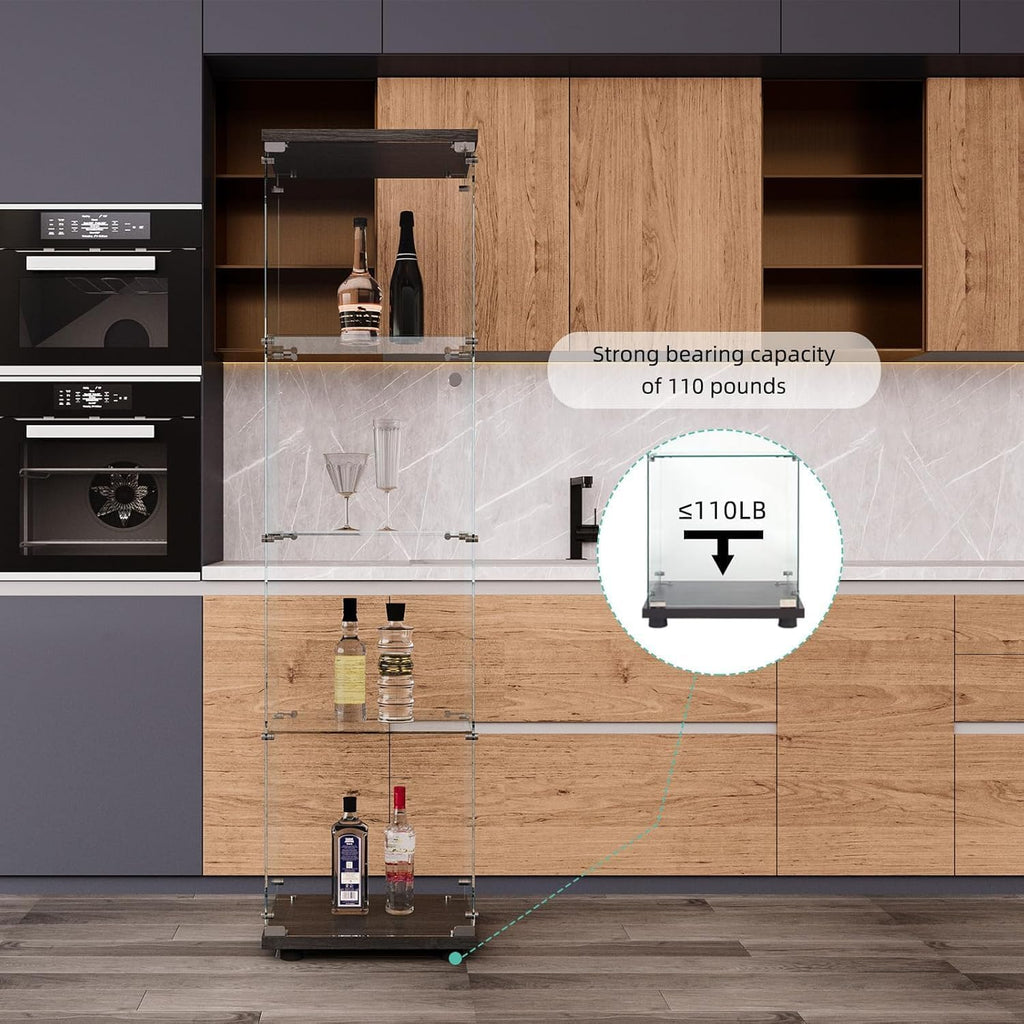 Glass Display Cabinet 4 Shelves with Door, Easy to Install, Solid Tempered Glass, Floor Standing Curio Bookshelf for Living Room,White