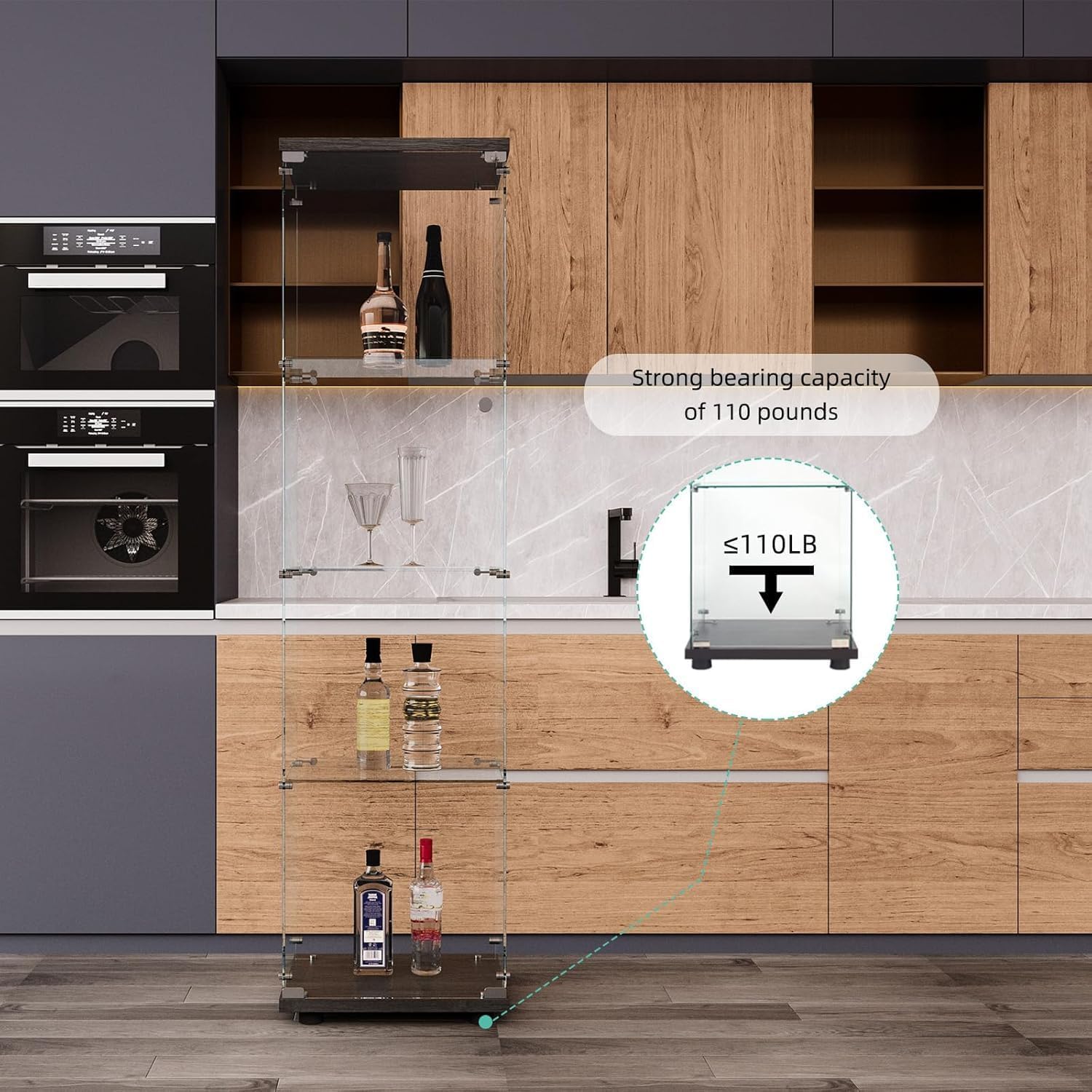 Glass Display Cabinet 4 Shelves with Door, Easy to Install, Solid Tempered Glass, Floor Standing Curio Bookshelf for Living Room,White