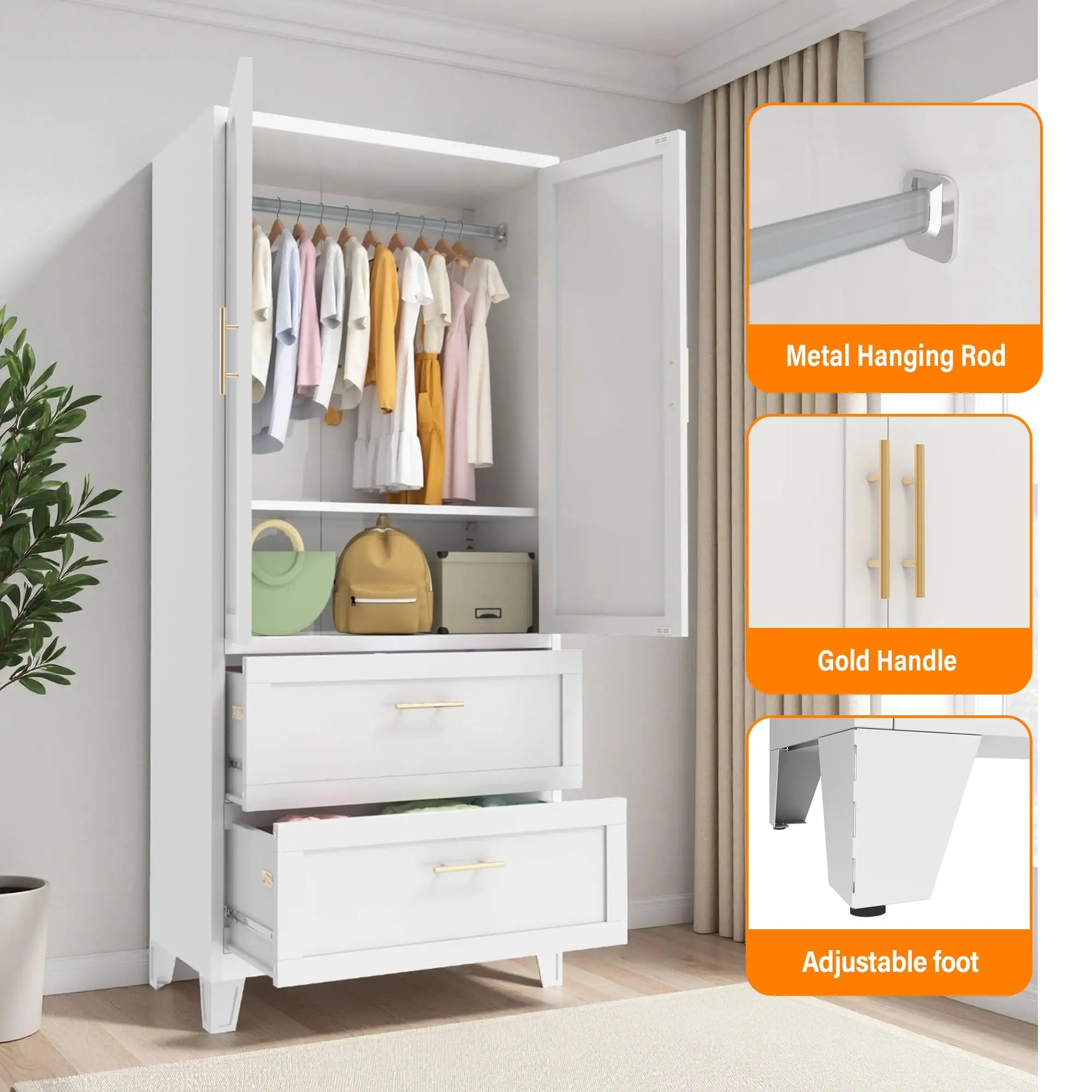 QIHAI Bedroom Armoires,71" Tall Metal Wardrobe Cabinet with 2 Drawers and Hanging Rod, 2 Doors Wardrobe Closet with Shelf for Bedroom, Office, Laundry Room,Entryway,Foyer,Guesthouse,White QIHAI