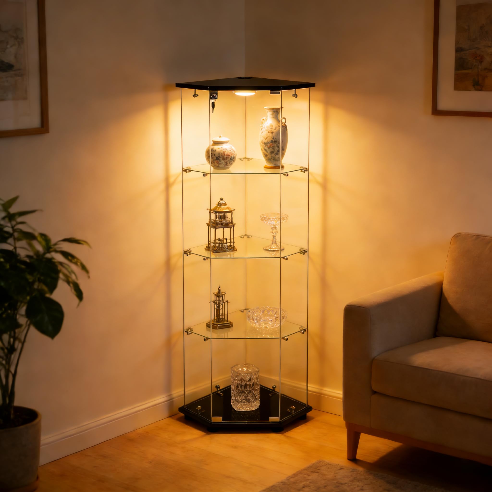 Corner Display Cabinet,Curio Cabinet with Tempered Glass Doors, Wine Bar Cabinet with Lights and Locks,4 Tier Glass Display Case for Living Room,Dining Room,Corridor,Office (Black)