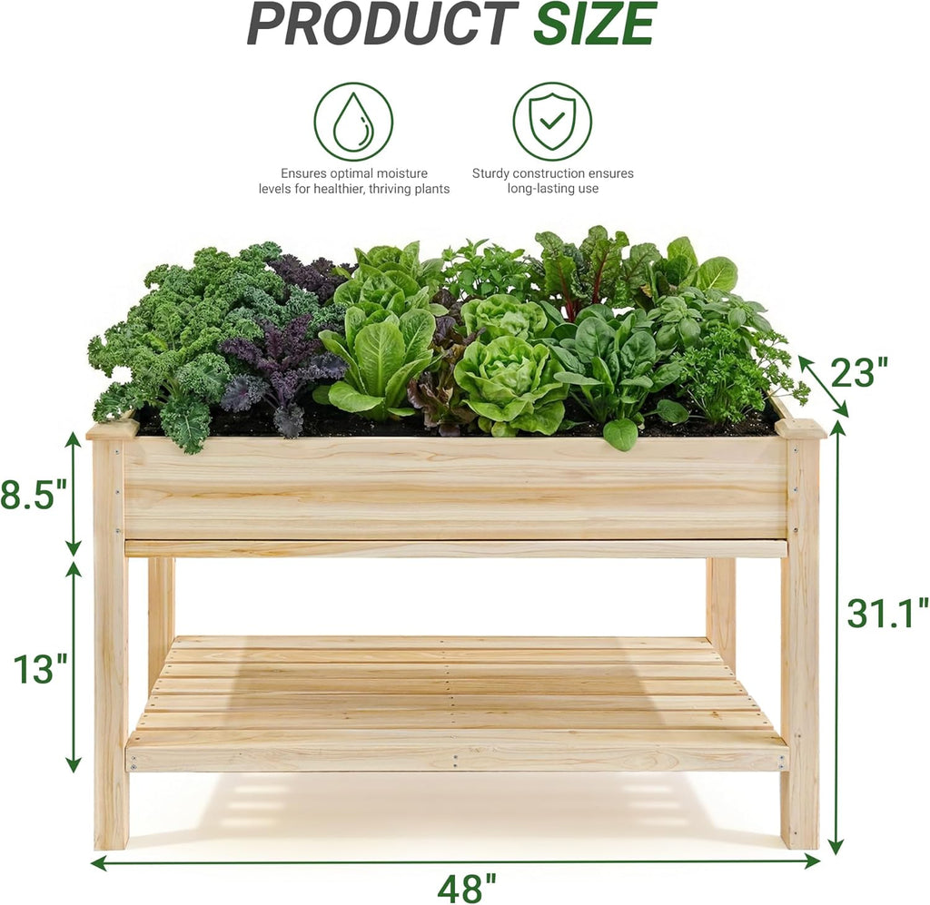 Outdoor Wood Raised Garden Bed,Storage Shelf, Elevated Reinforced Large Planter Box for Vegetable Flower Backyard Patio Gardening Balcony,48x23x31.1-inch