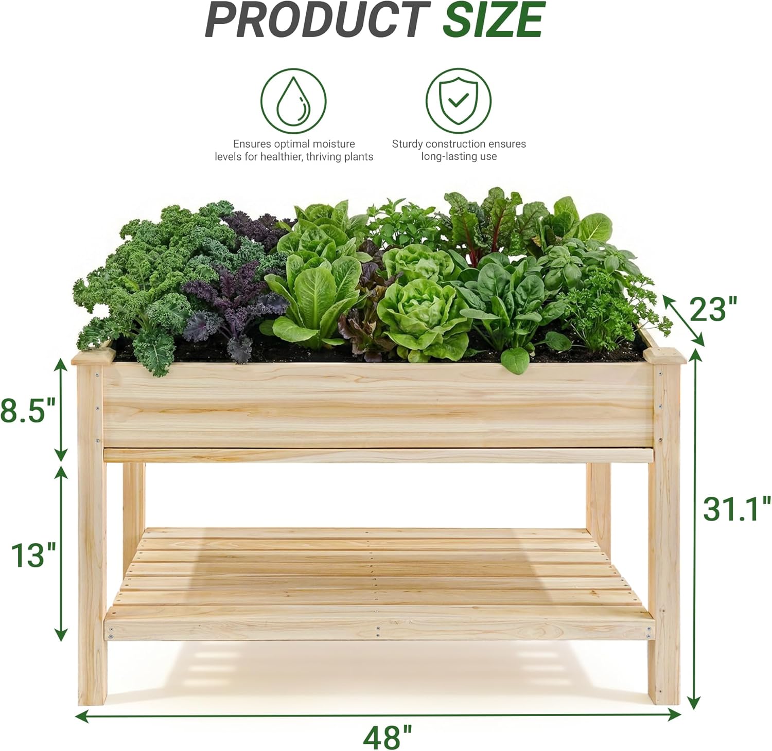 Outdoor Wood Raised Garden Bed,Storage Shelf, Elevated Reinforced Large Planter Box for Vegetable Flower Backyard Patio Gardening Balcony,48x23x31.1-inch