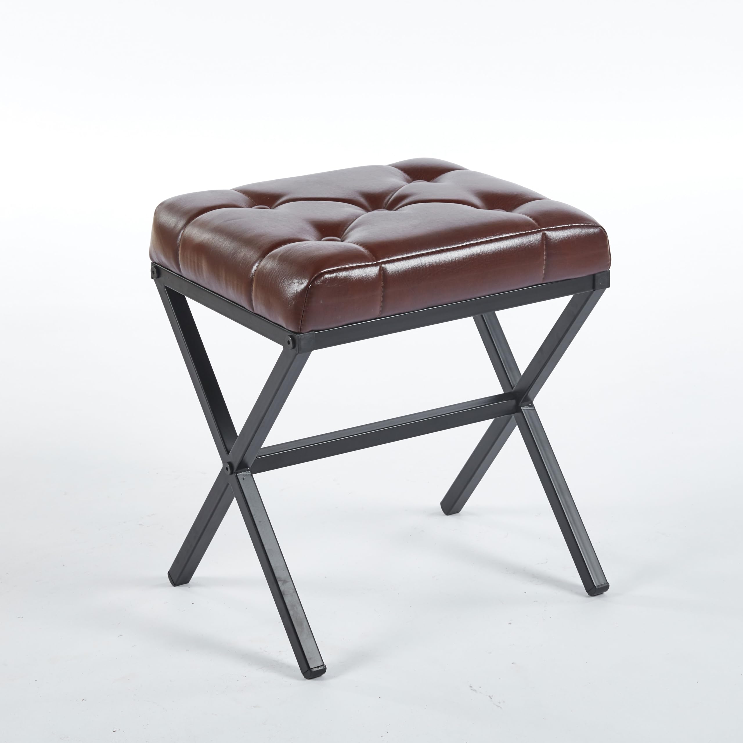 Vanity Stool - Square Faux Leather Makeup Seat with Metal X Legs, Small Ottoman Chair for Makeup Room, Living Room - Modern Padded Foot Rest (Dark Brown)